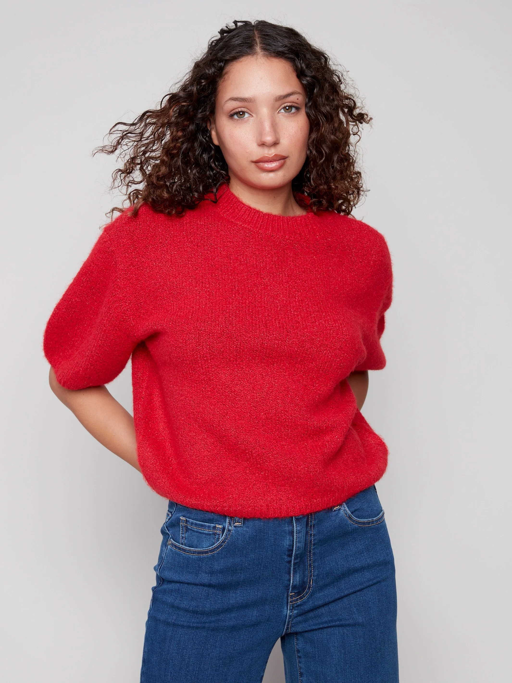 Balloon Elbow Sleeve Knit Sweater - Crimson - WHSBYS