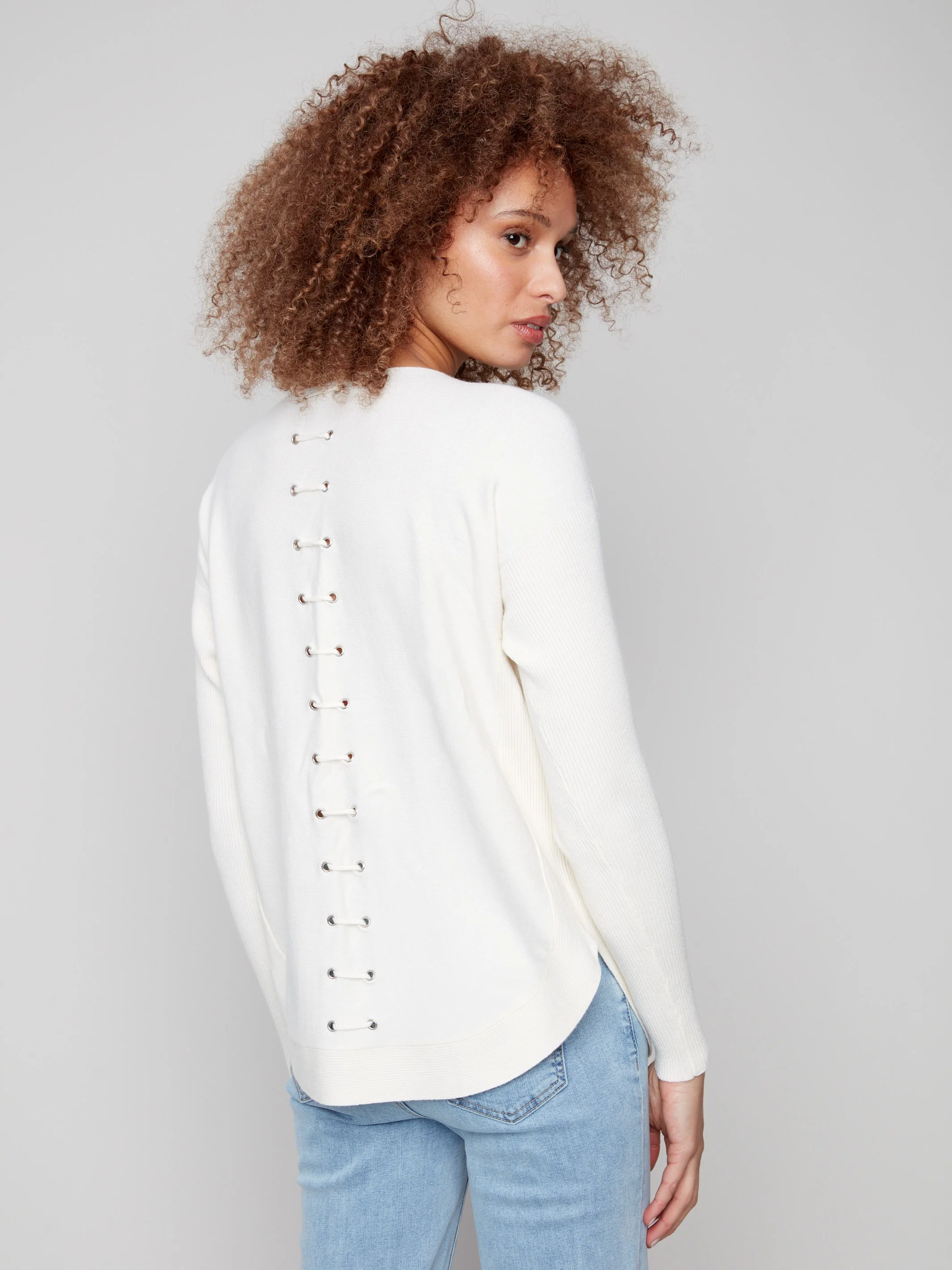 Knit Sweater With Back Lace-Up Detail - Ecru - WHSBYS
