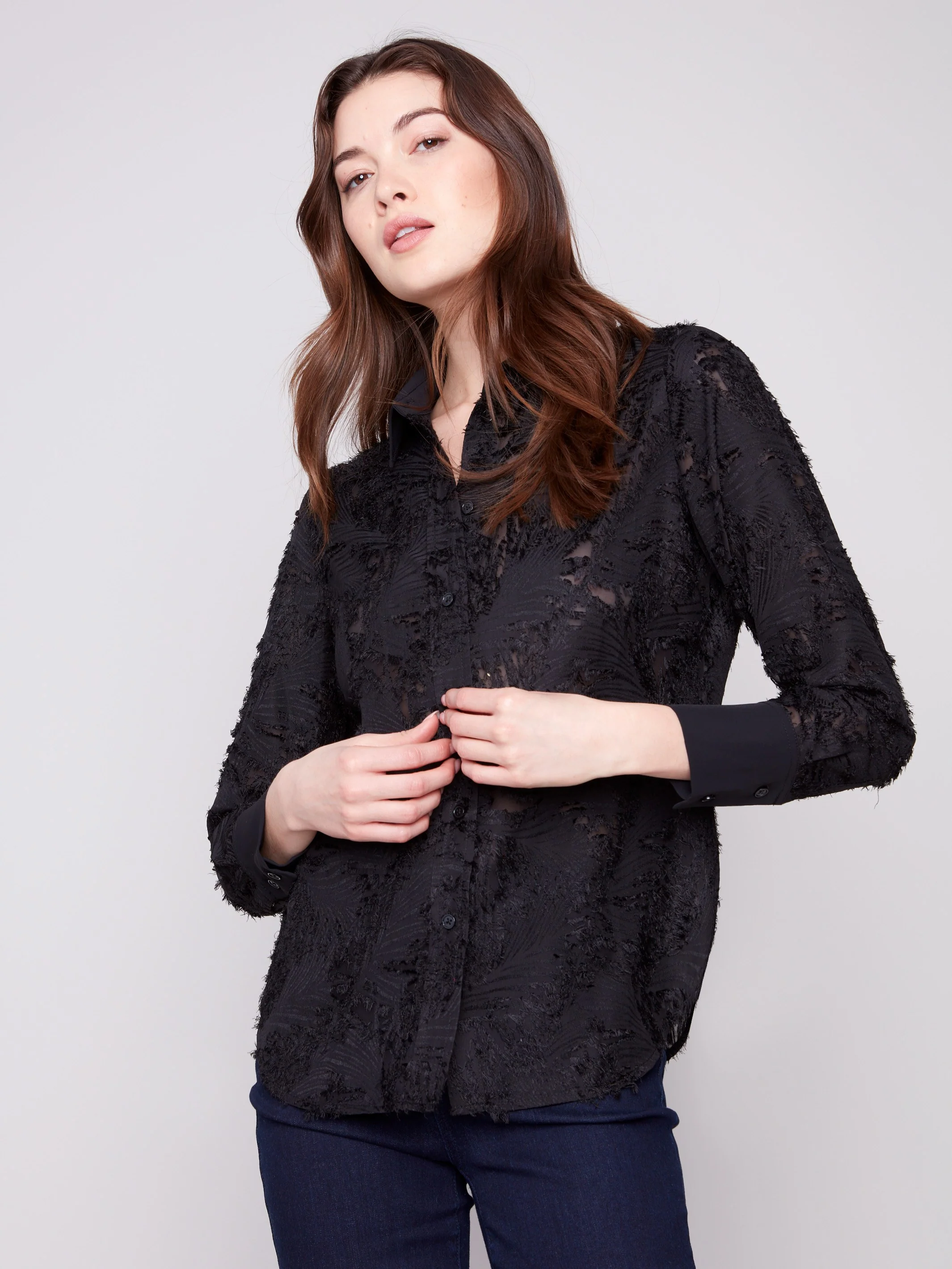 Semi-Sheer Button-Down Chiffon Shirt - Black - WHSBYS