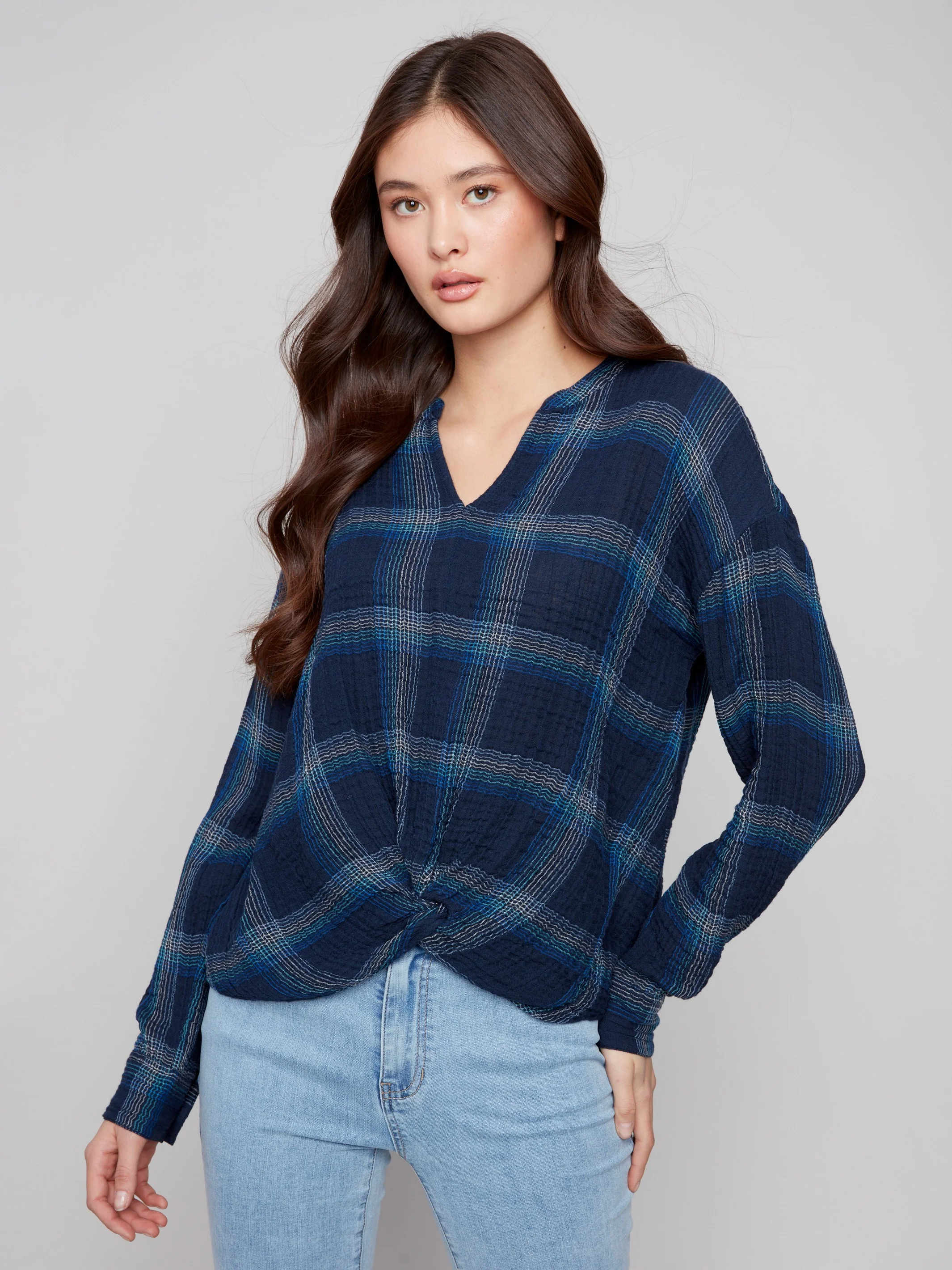 Plaid Double Gauze Blouse With Front Knot - Lapis - WHSBYS