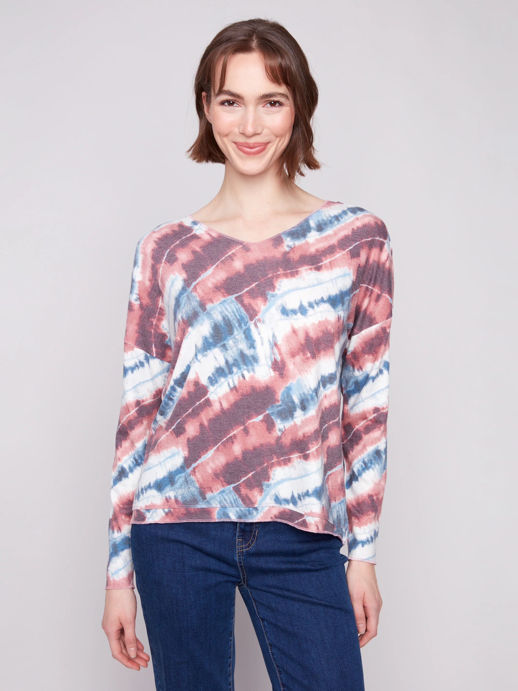 Printed V-neck Knit Top - Dreamy Pink - WHSBYS