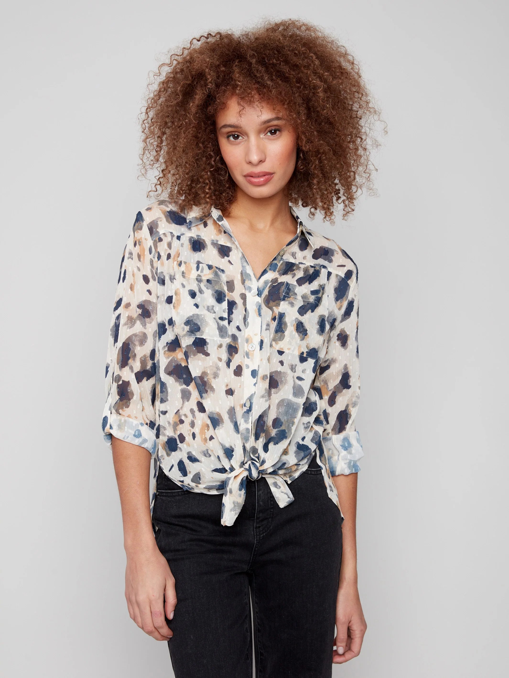 Printed Button-Up Blouse - Animal - WHSBYS