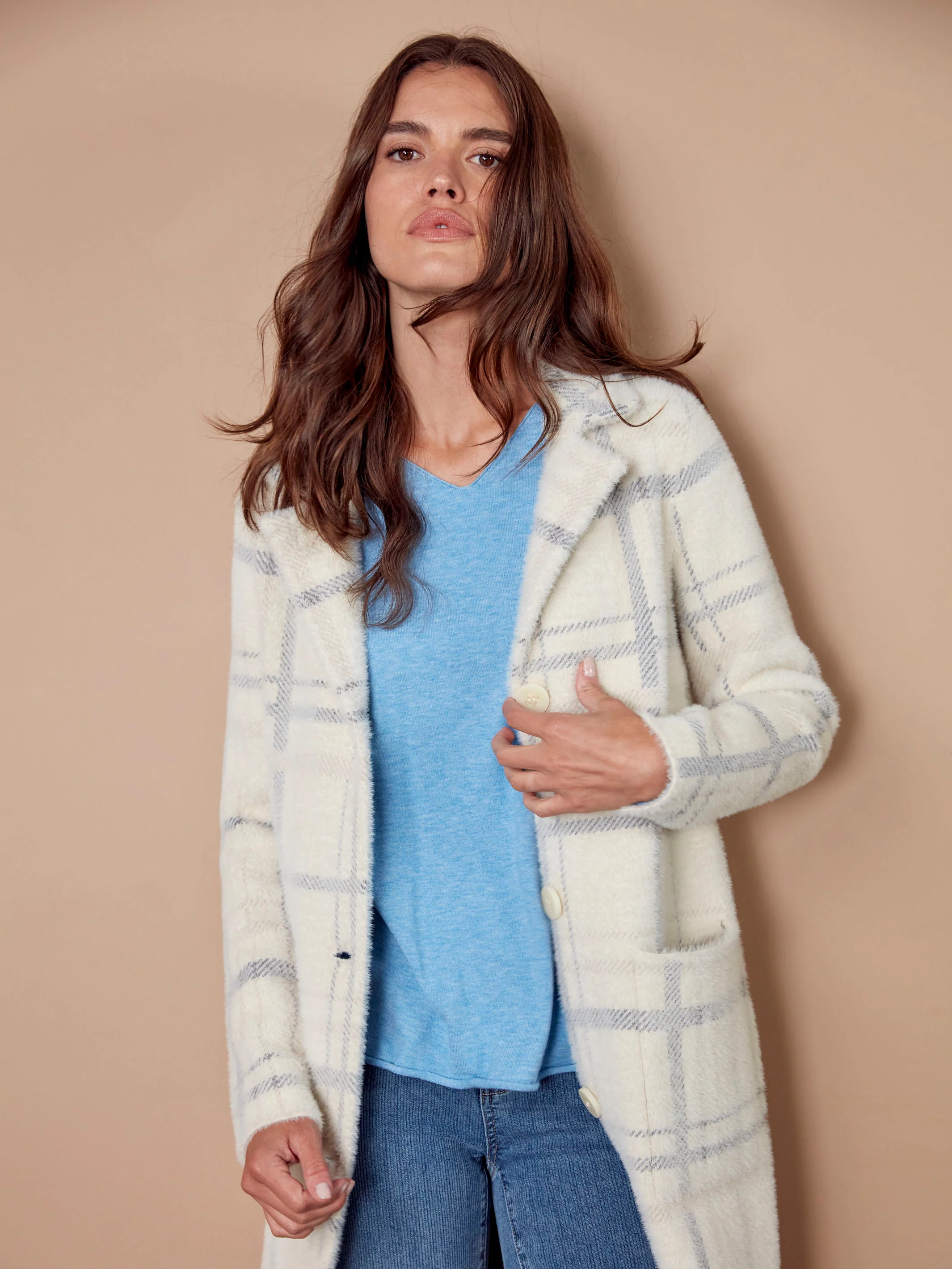 Long Plaid Knit Coatigan - Ivory - WHSBYS