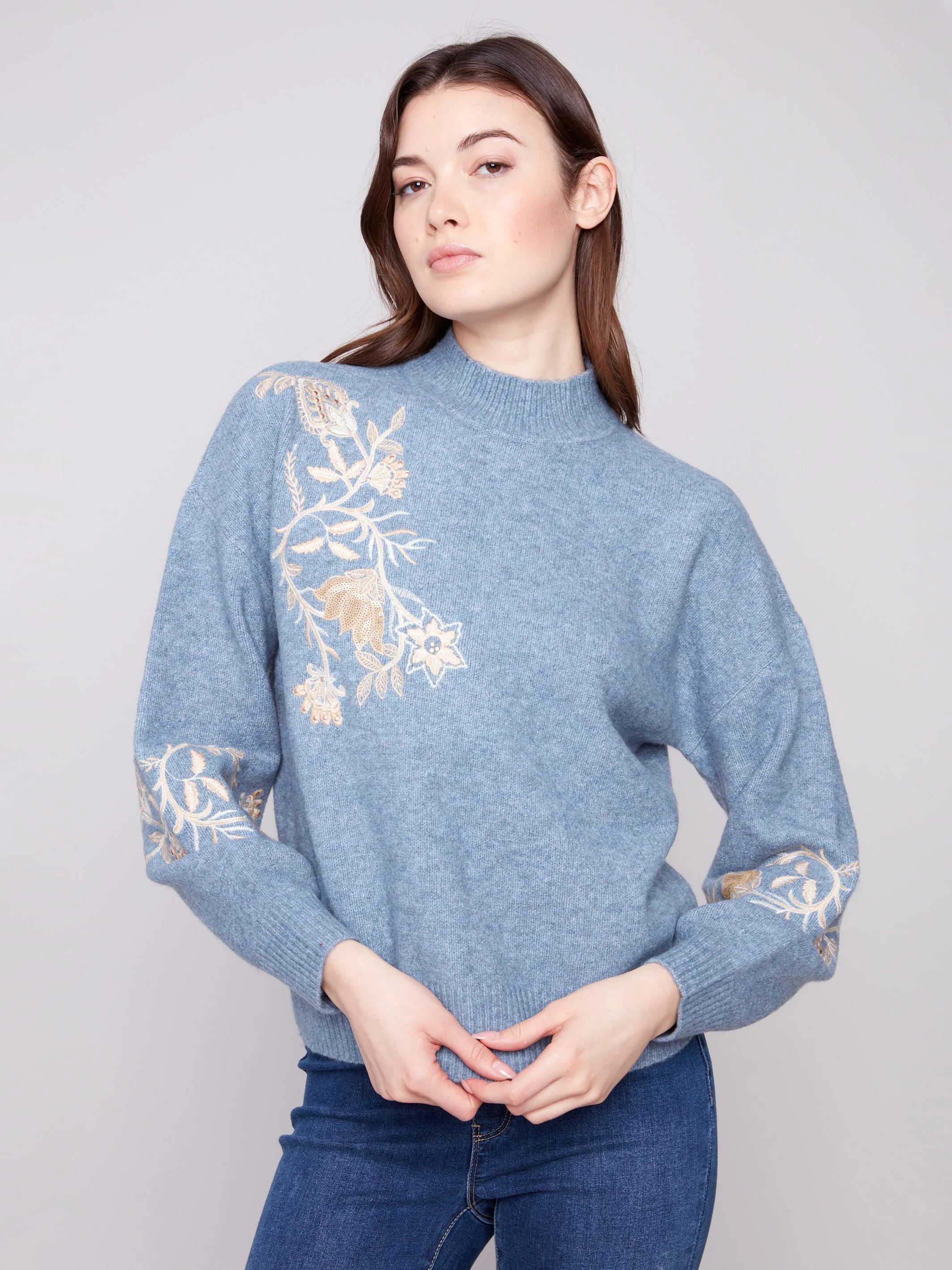 Mock Neck Sweater with Sequin Detail - Heather Denim - WHSBYS