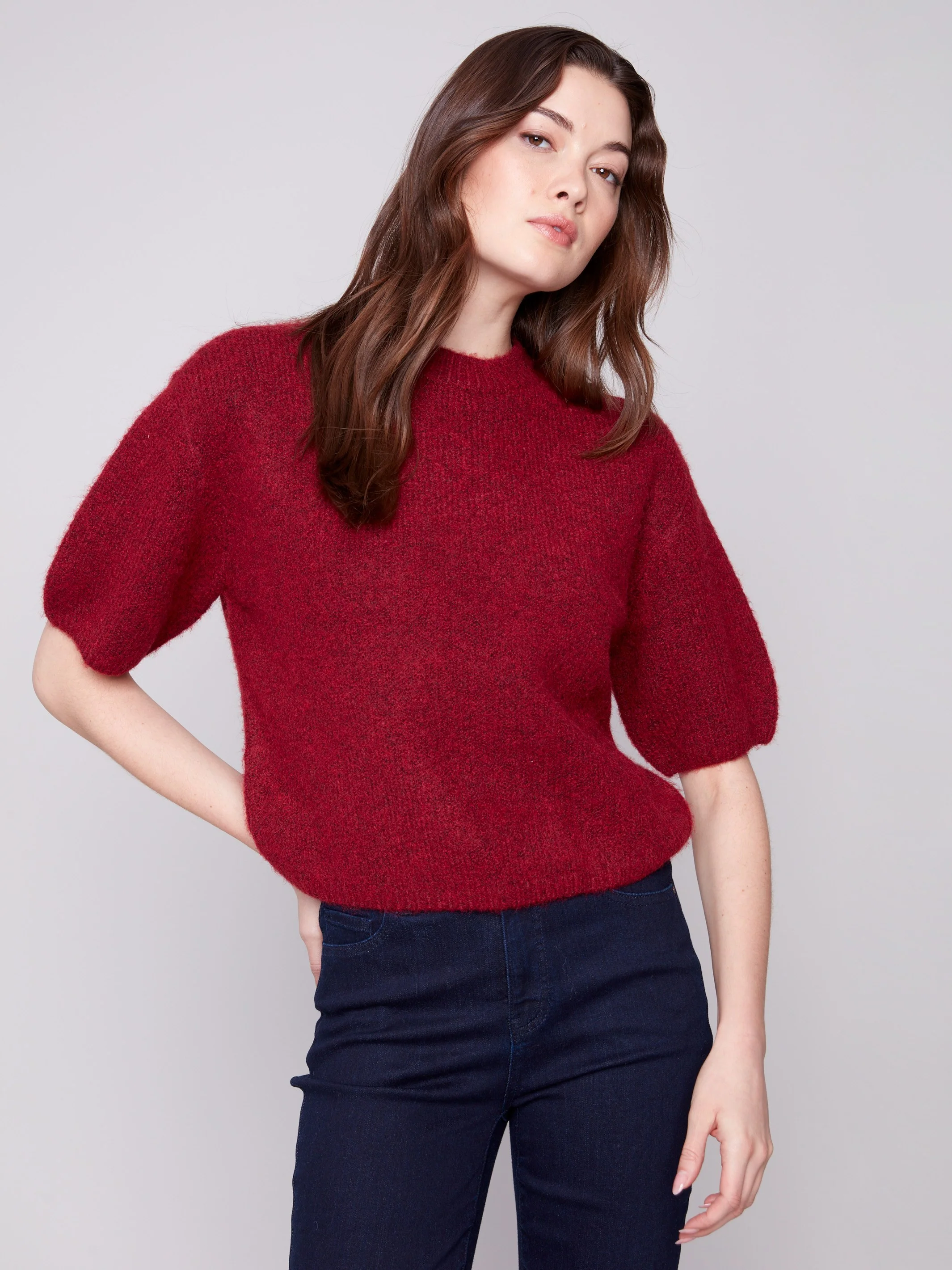 Balloon Elbow Sleeve Knit Sweater - Cabernet - WHSBYS