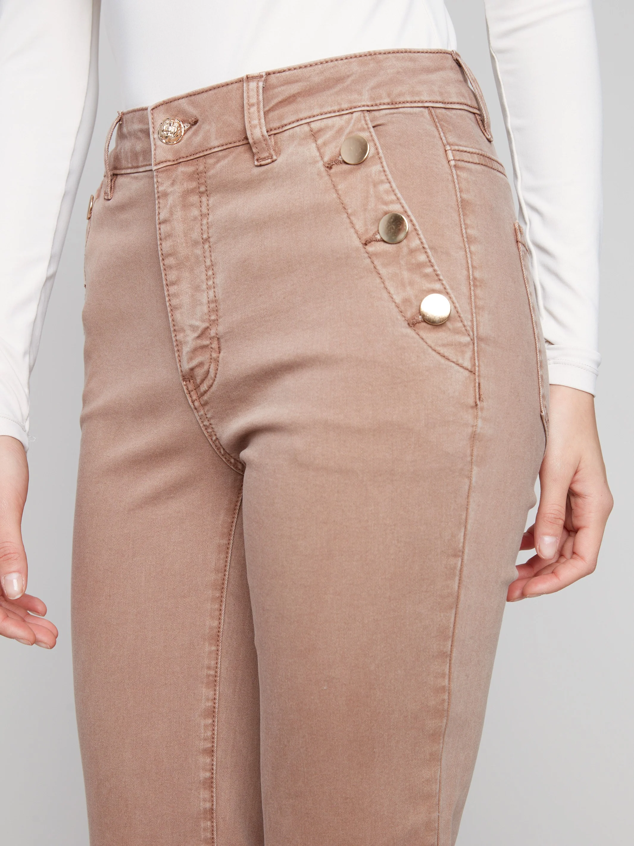 Flare Leg Stretch Twill Pants With Buttons - Truffle - WHSBYS