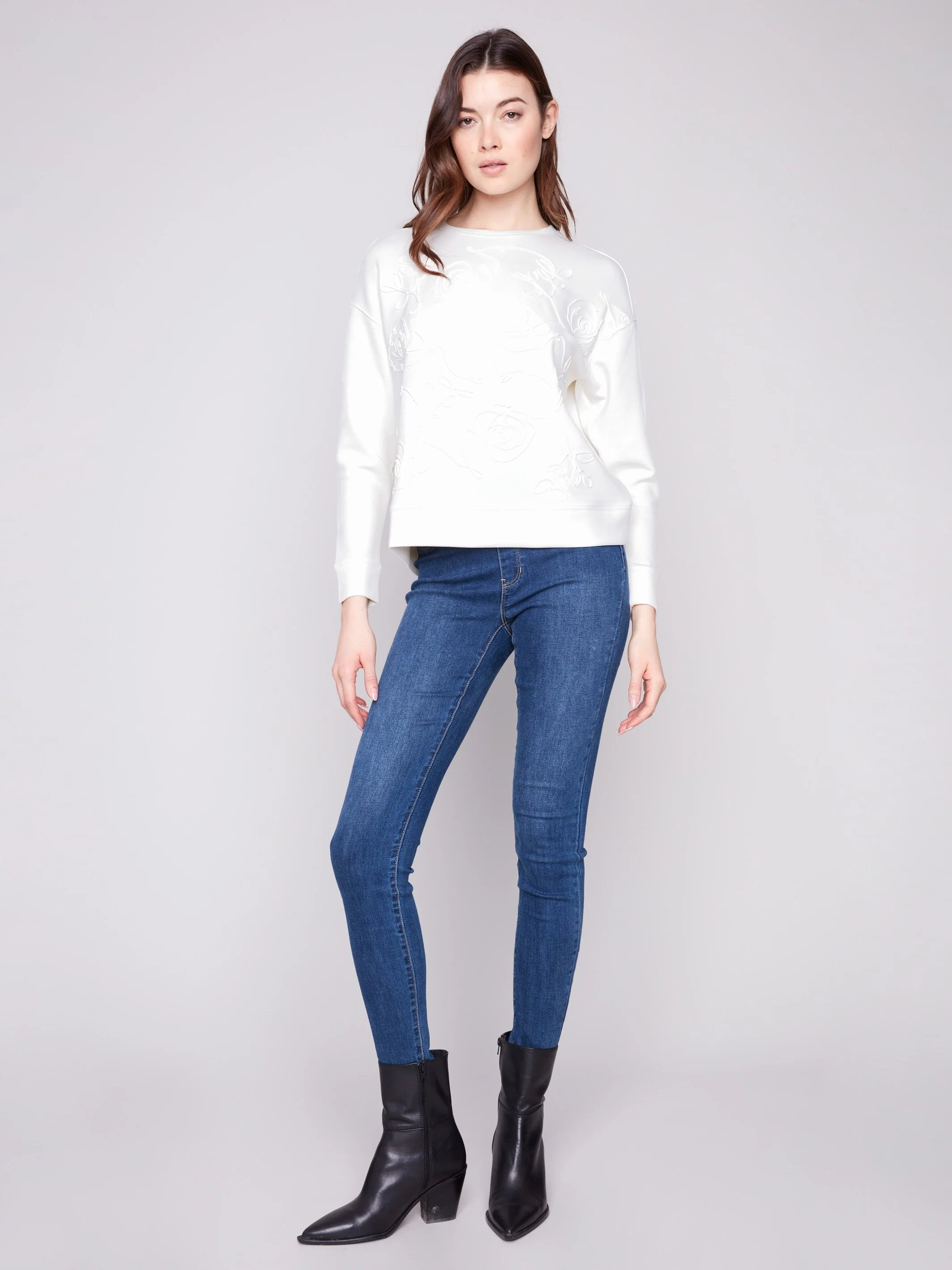 Scuba Knit Top with Soutache Detail - Ecru - WHSBYS