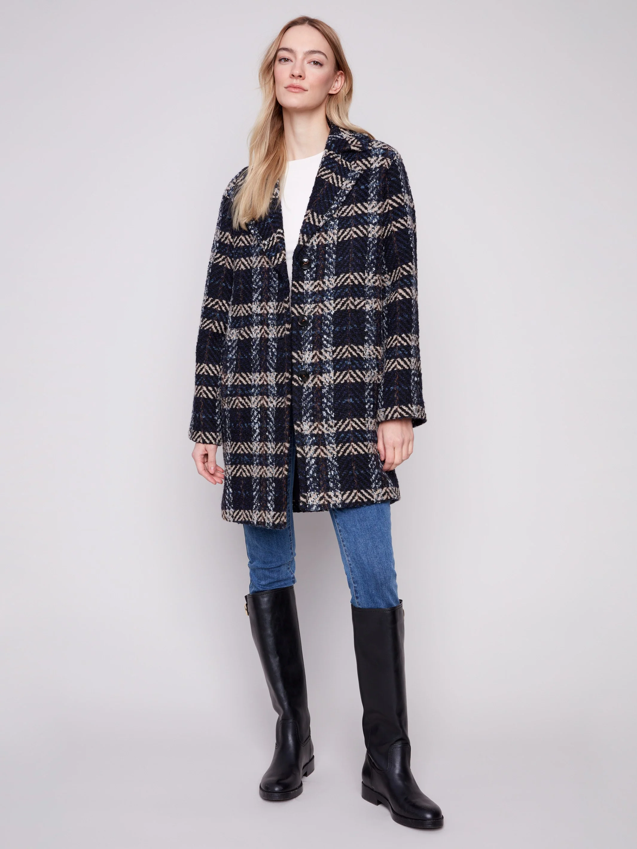 Plaid Bouclé Coat - Navy - WHSBYS