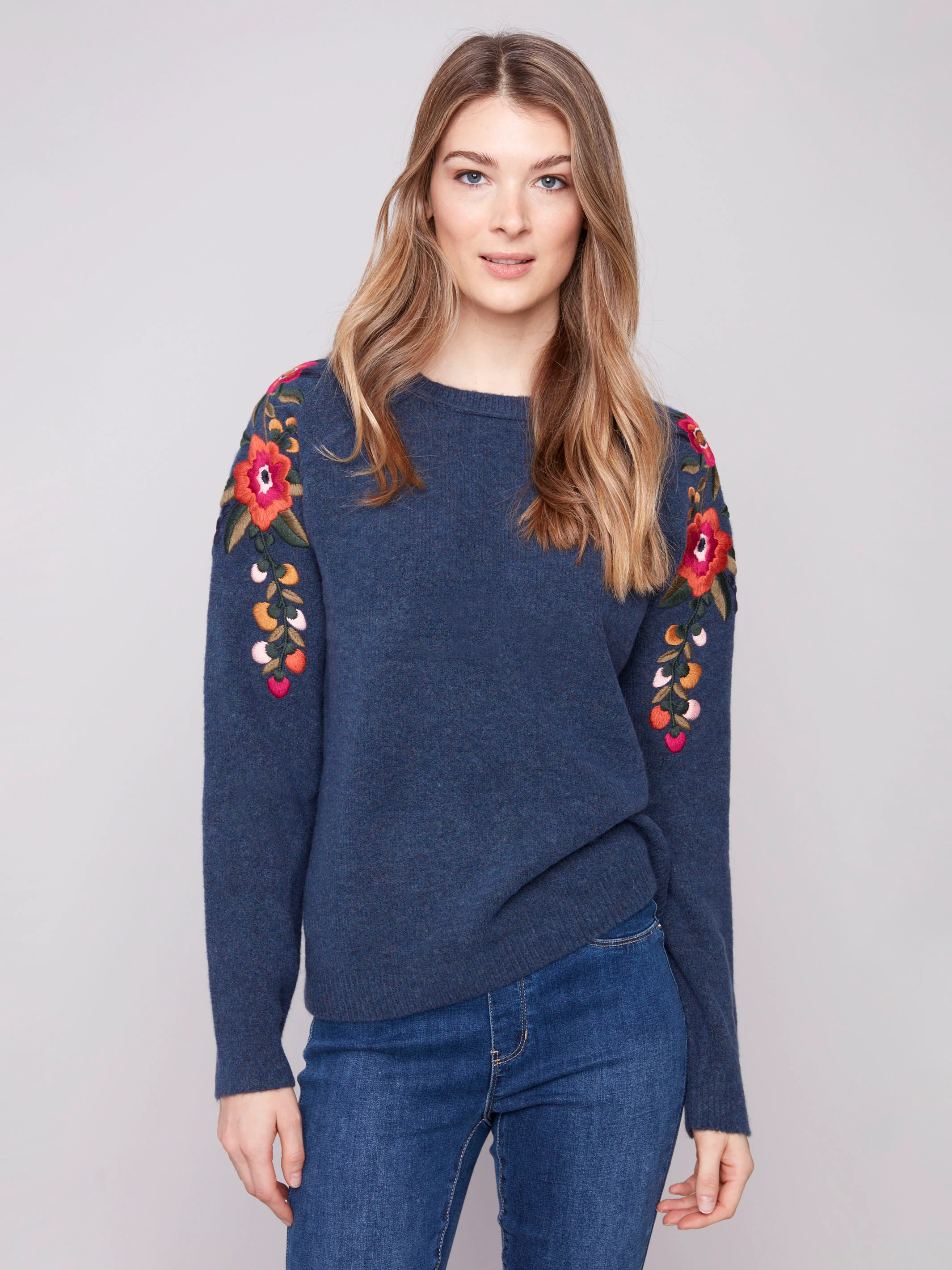 Embroidered Floral Sleeve Sweater - Heather Denim - WHSBYS