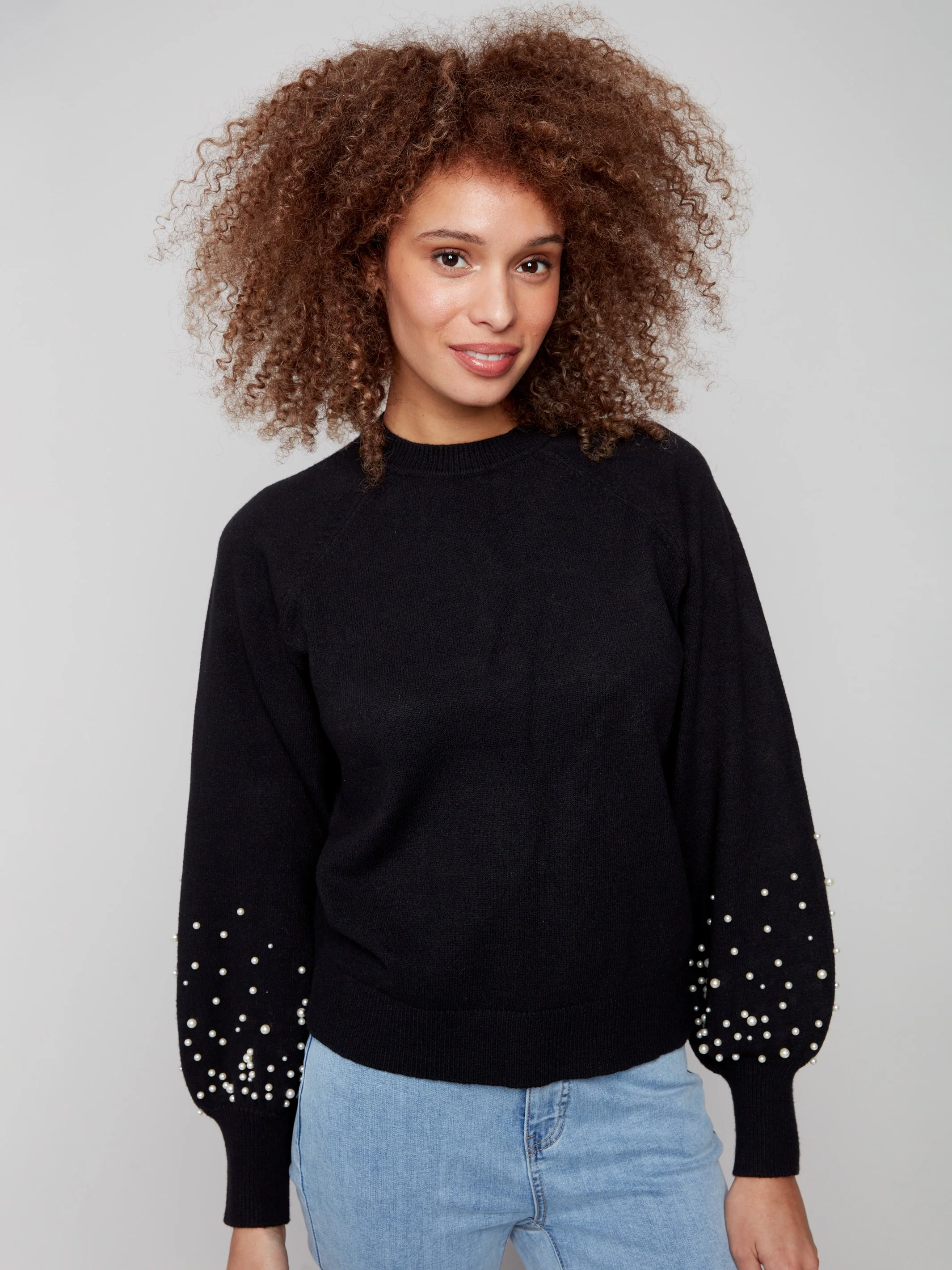 Crew Neck Sweater With Pearl Details - Black - WHSBYS