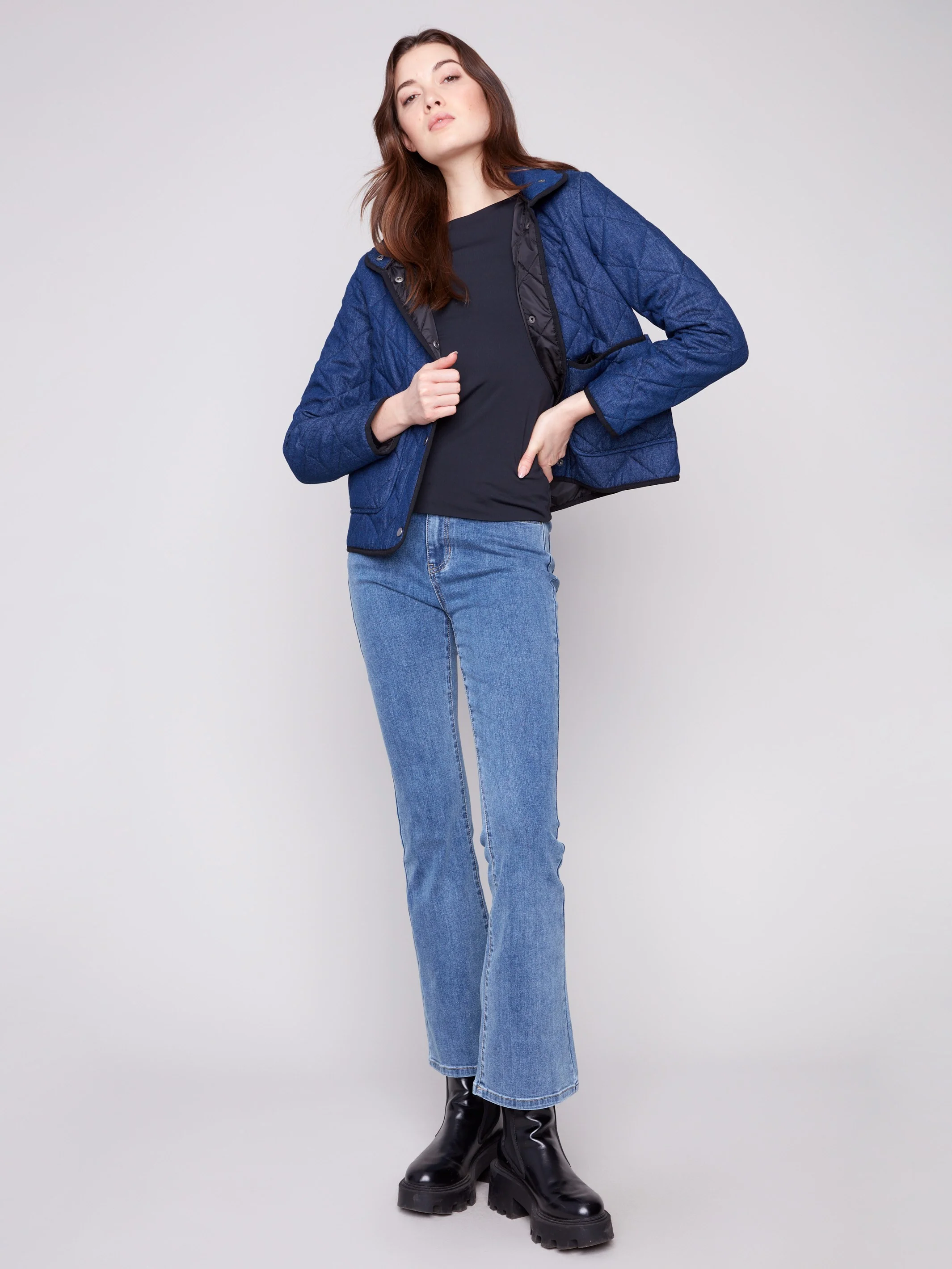 Denim Quilted Puffer Jacket With Removable Hood - Classic Blue - WHSBYS