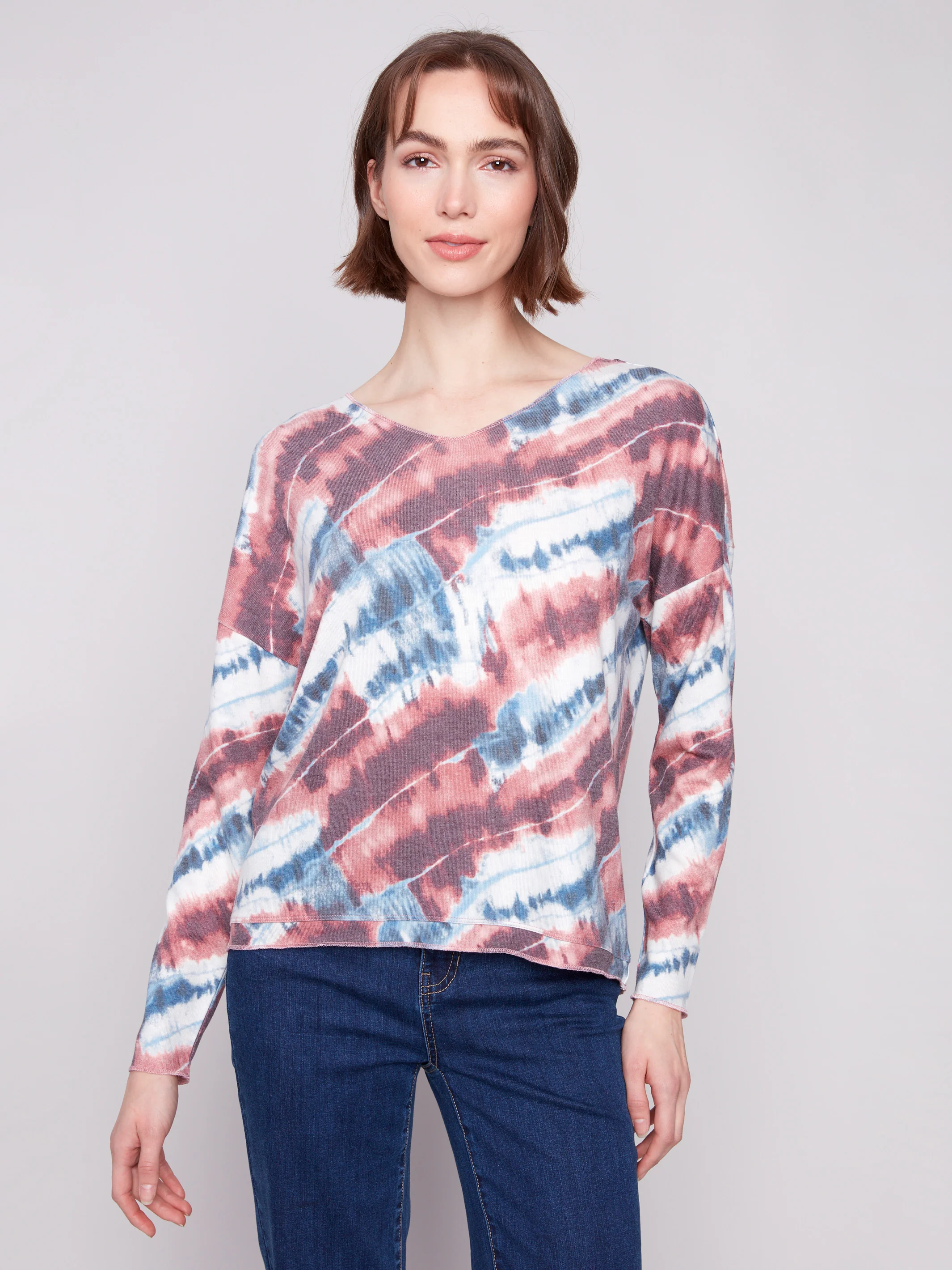 Printed V-neck Knit Top - Dreamy Pink - WHSBYS