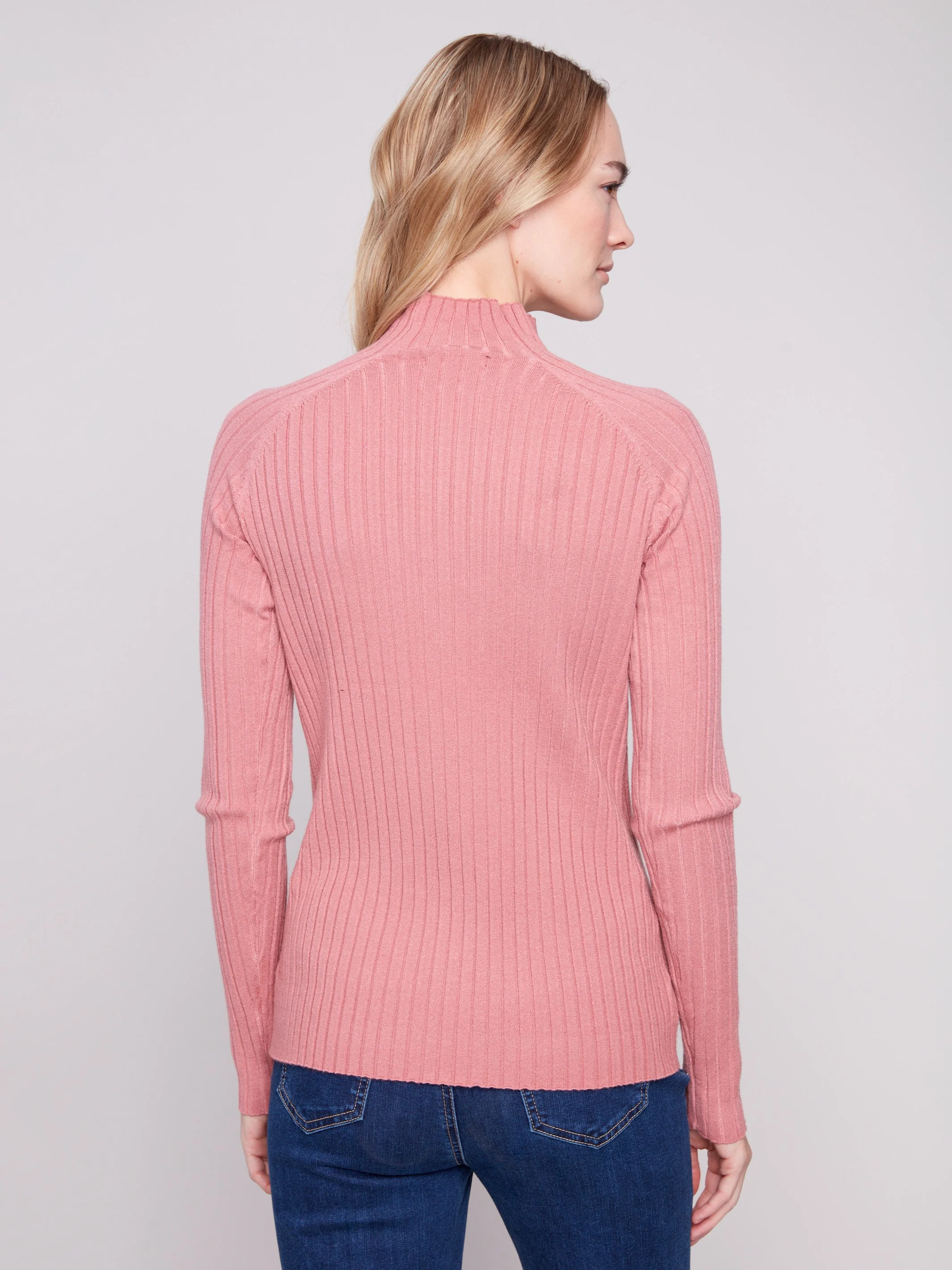 Ribbed Knit Mock Neck Sweater - Primrose - WHSBYS
