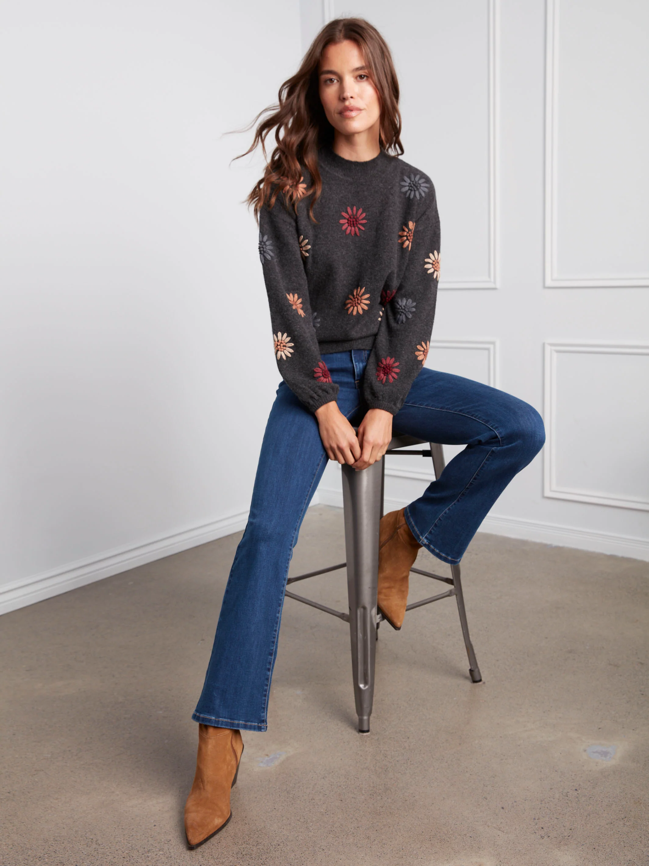 Mock Neck Sweater With Floral Embroidery - Heather Charcoal - WHSBYS