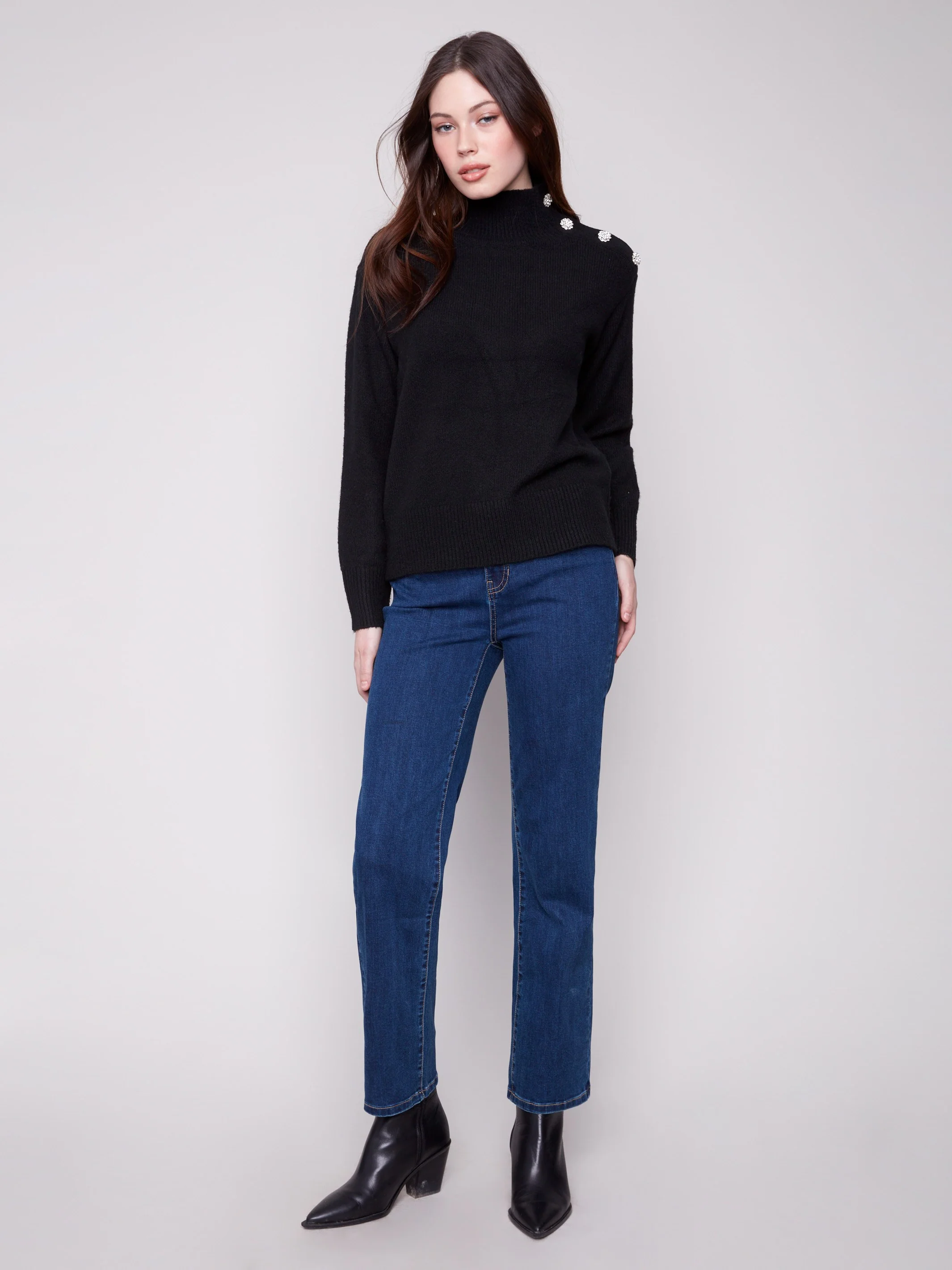 Mock Neck Sweater With Fancy Buttons - Black - WHSBYS