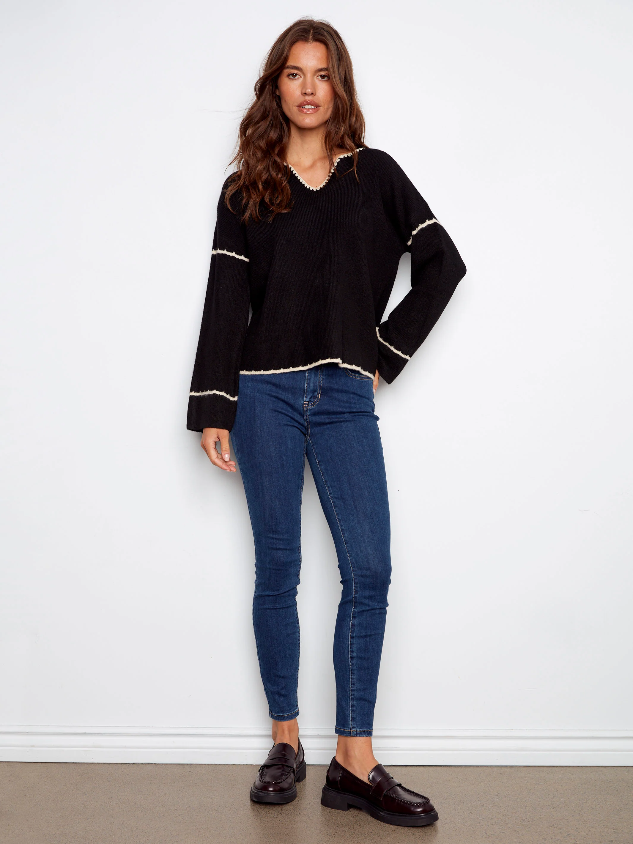 Embroidered Ribbed Sweater with Notch Neck - Black - WHSBYS