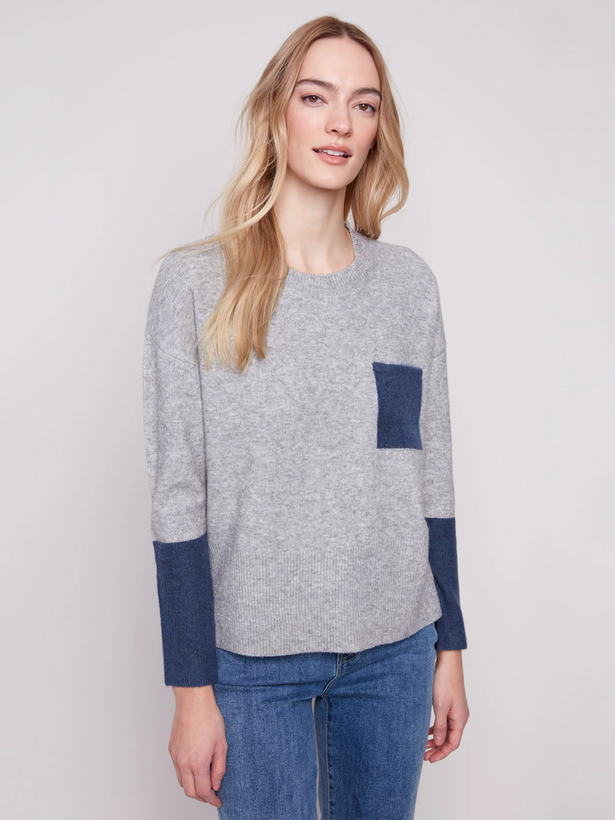 Crew Neck Sweater With Contrast Details - Heather Grey - WHSBYS