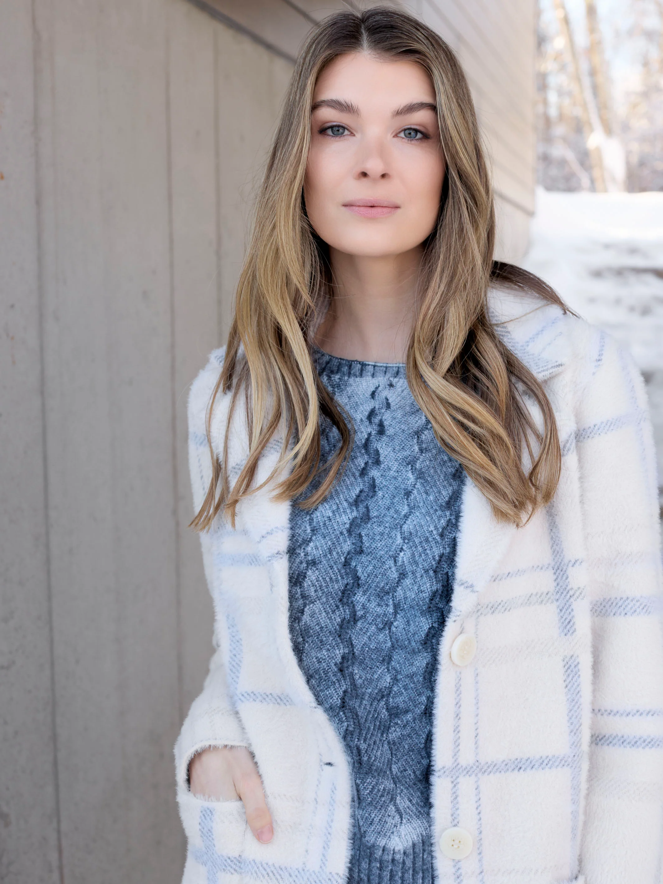 Long Plaid Knit Coatigan - Ivory - WHSBYS