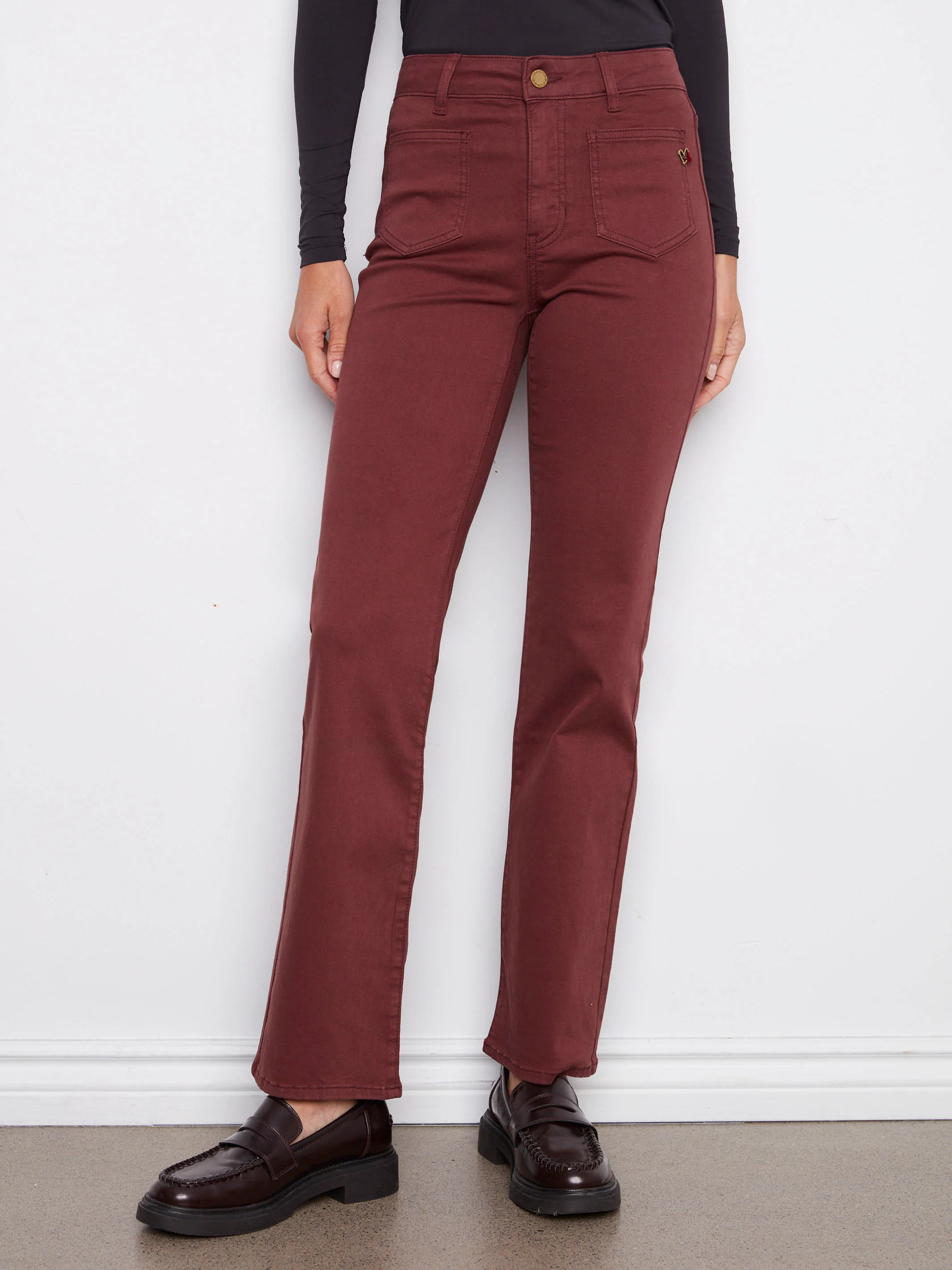 Patch Pocket Flare Twill Pants With Rivets - Cabernet - WHSBYS