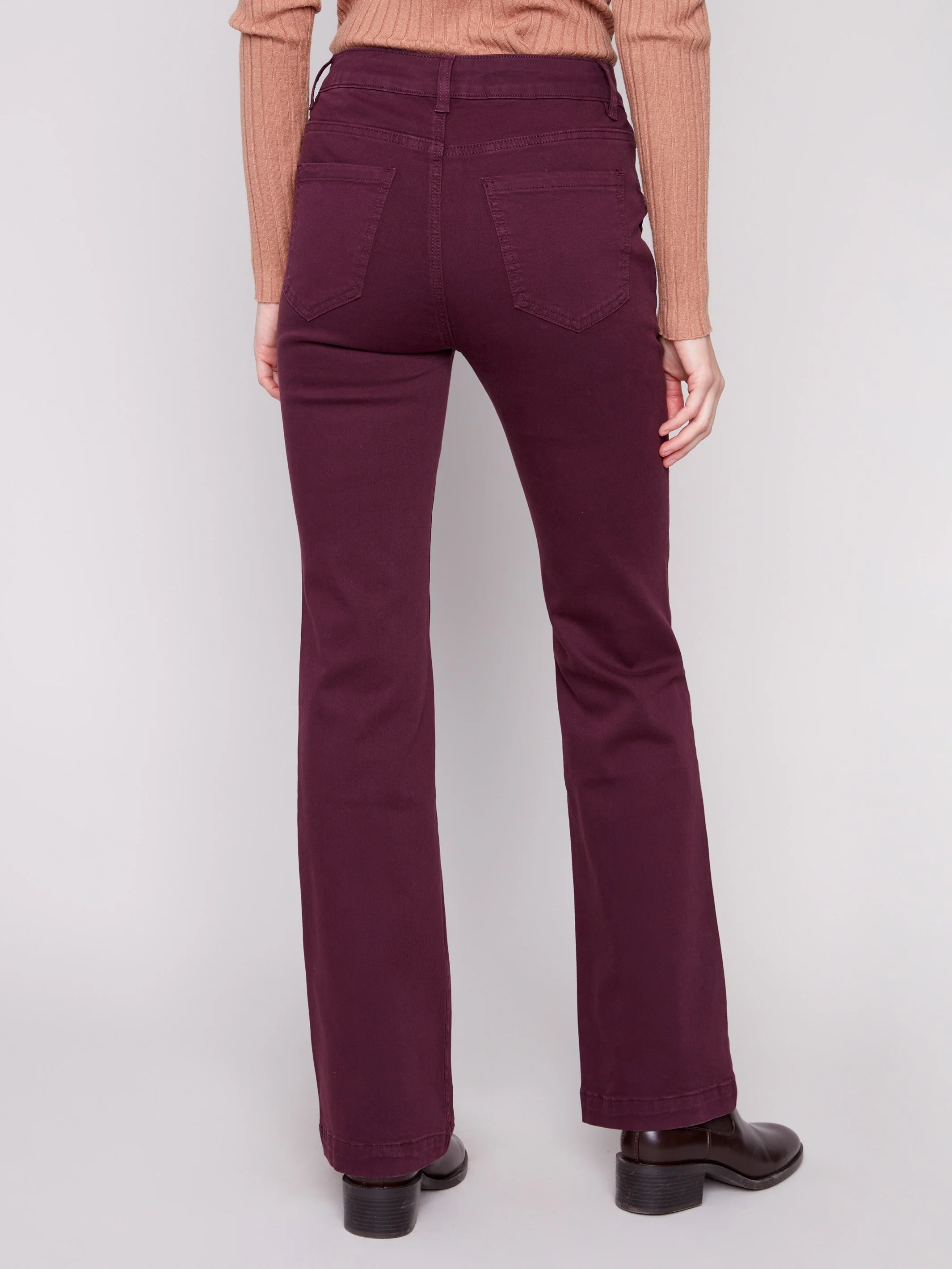 Flare Leg Stretch Twill Pants With Buttons - Berry - WHSBYS
