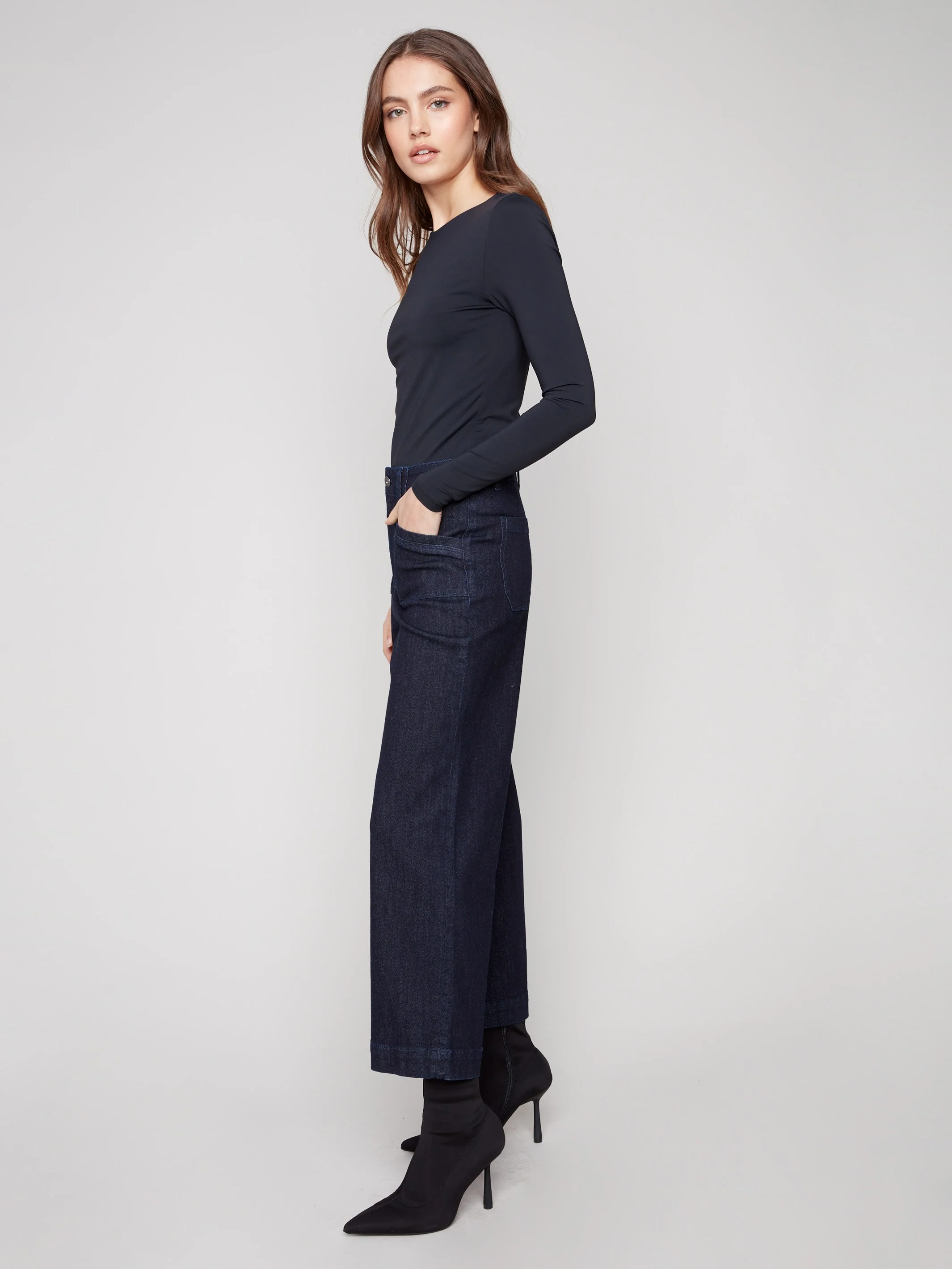 Cropped Wide Leg Stretch Jeans - Deep Blue - WHSBYS