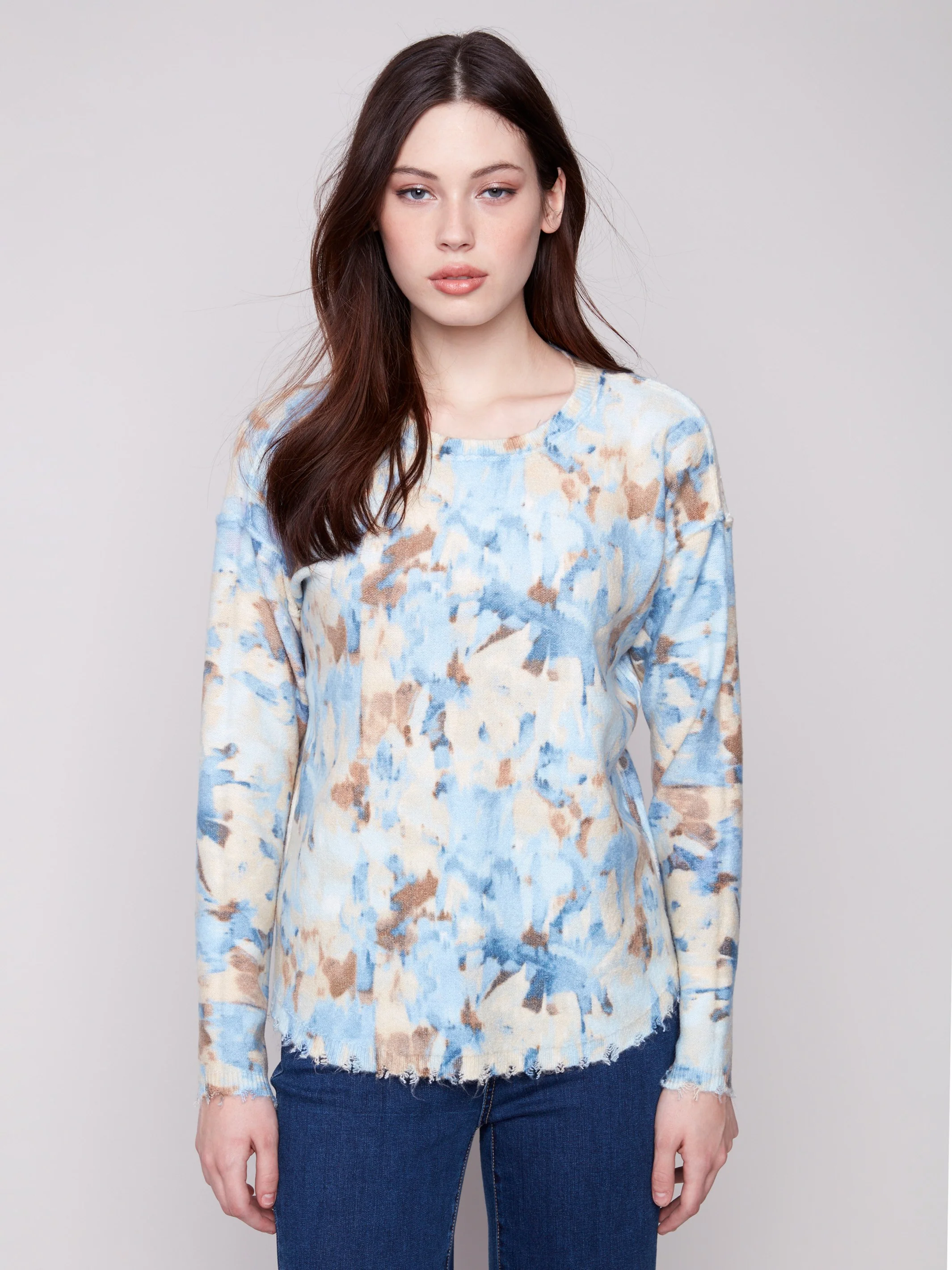 Reversible Printed Plush Sweater With Frayed Edges - Vapor - WHSBYS