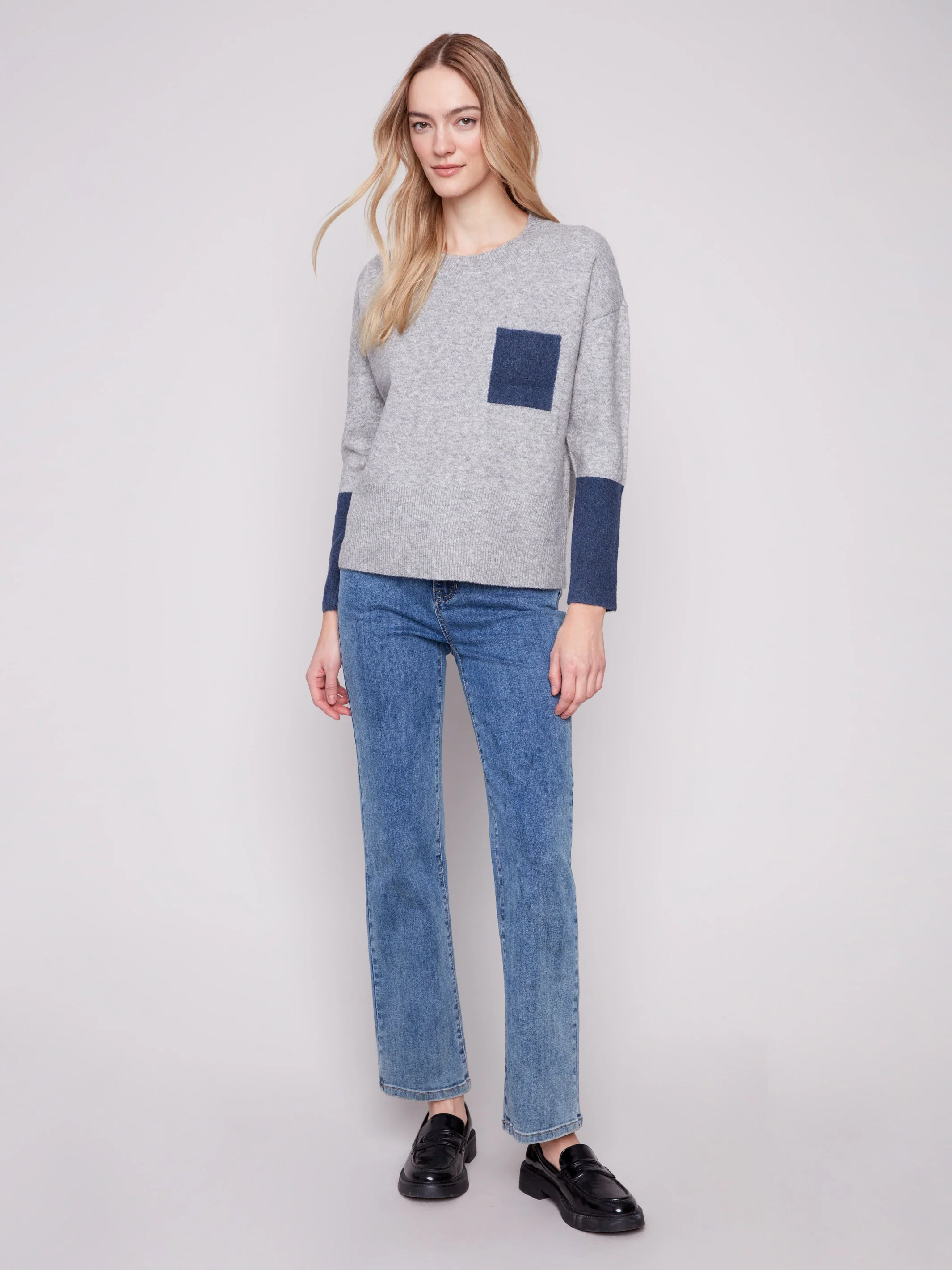 Crew Neck Sweater With Contrast Details - Heather Grey - WHSBYS