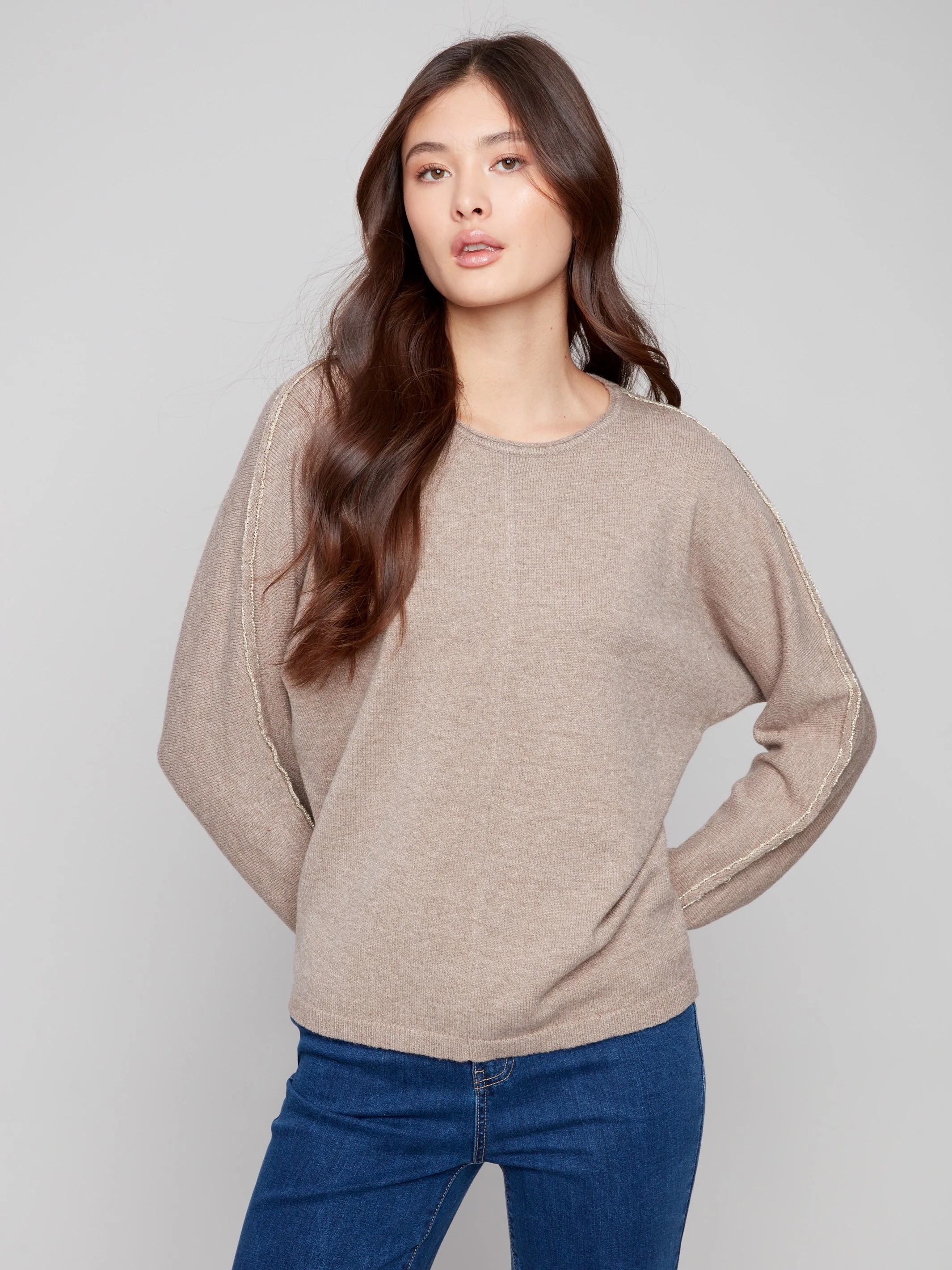 Sweater With Metallic Sleeve Detail - Heather Taupe - WHSBYS
