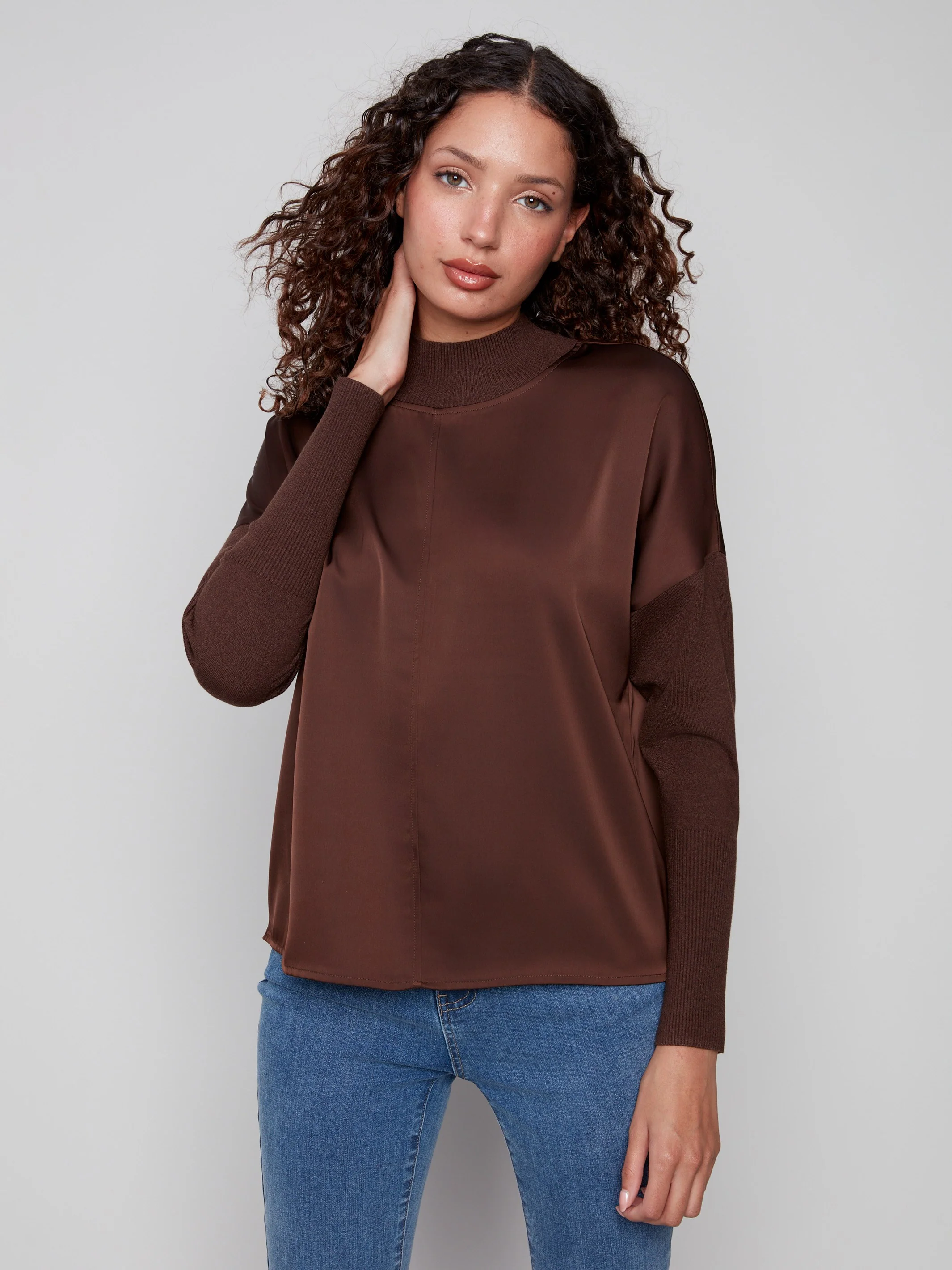 Satin Knit Top With Mock Neck - Mocha - WHSBYS