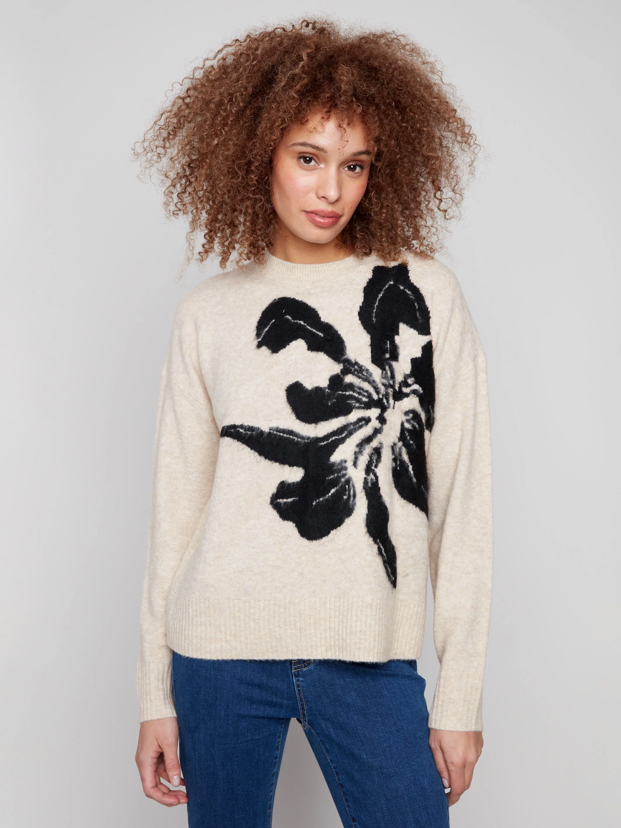 Floral Jacquard Crew Neck Sweater - Flowers - WHSBYS