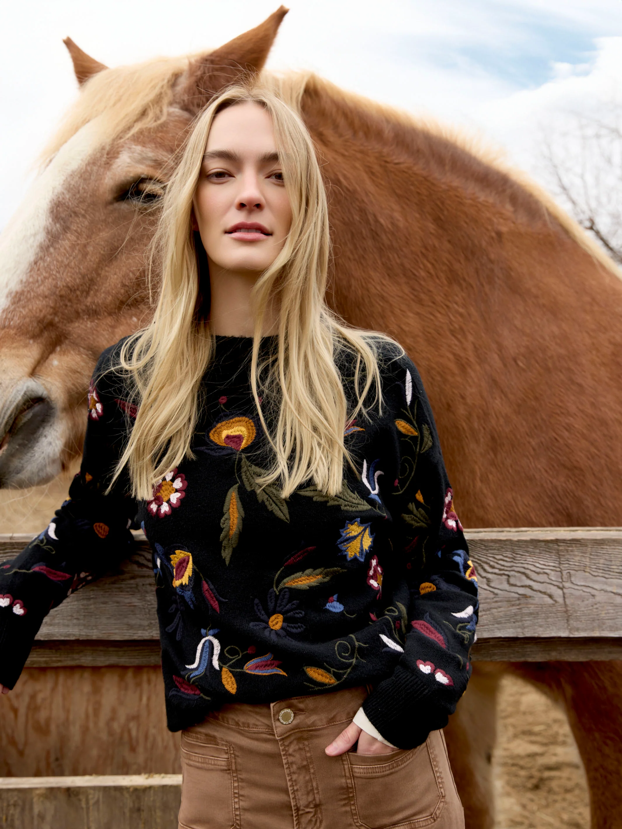 Embroidered Mock Neck Sweater - Black - WHSBYS