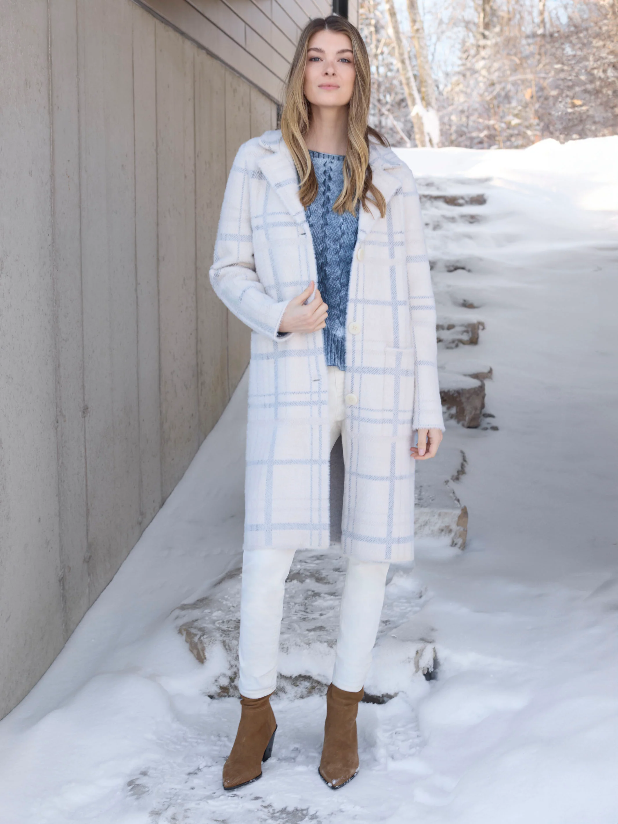 Long Plaid Knit Coatigan - Ivory - WHSBYS