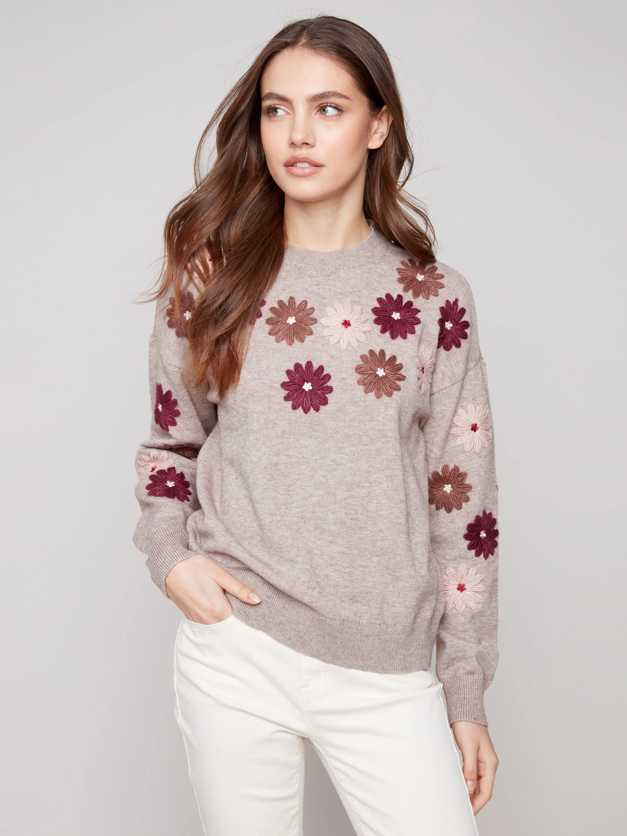 Floral Embroidery Crew Neck Sweater - Heather Taupe - WHSBYS