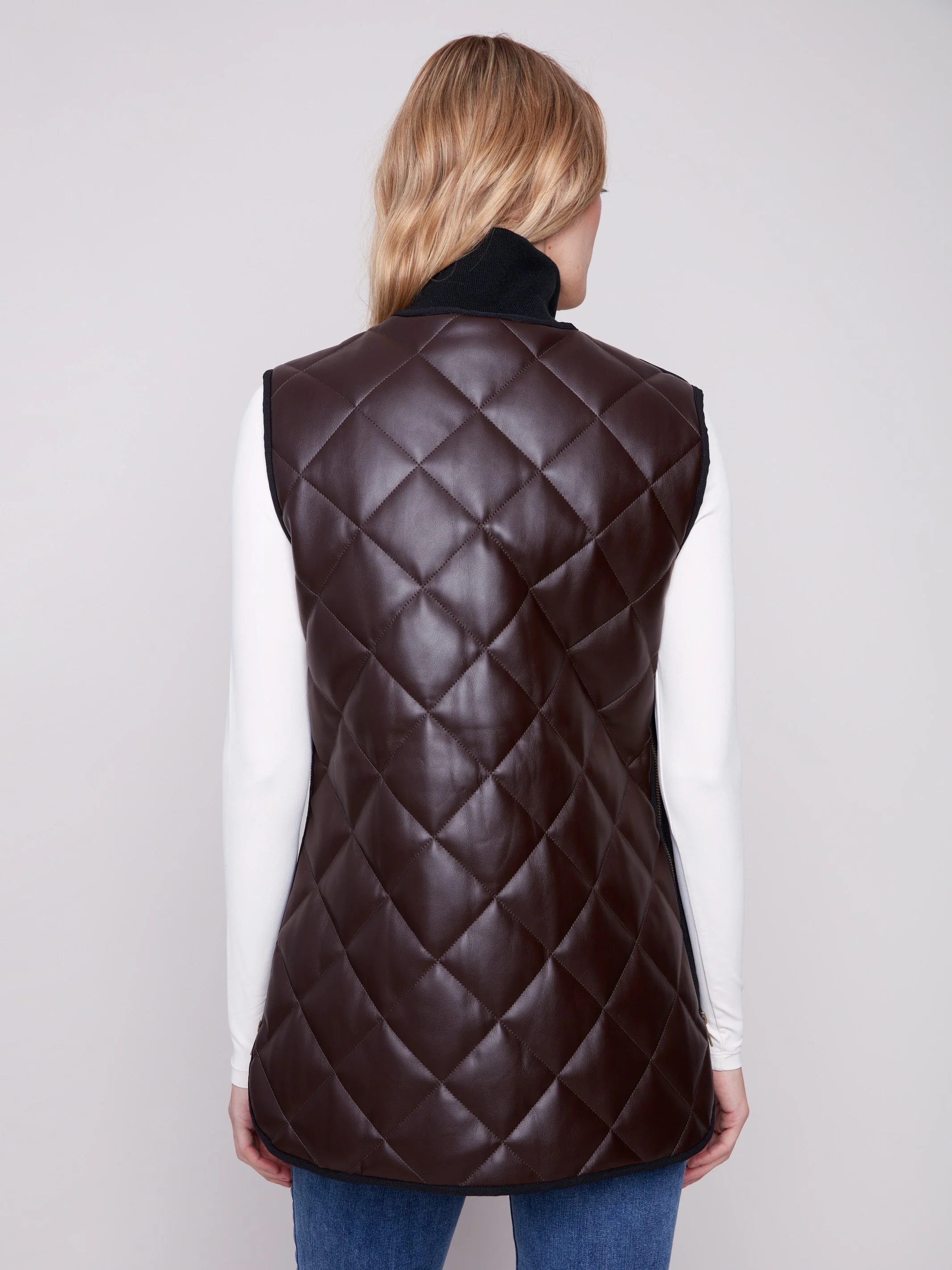 Long Quilted Faux Leather Vest - Mocha - WHSBYS