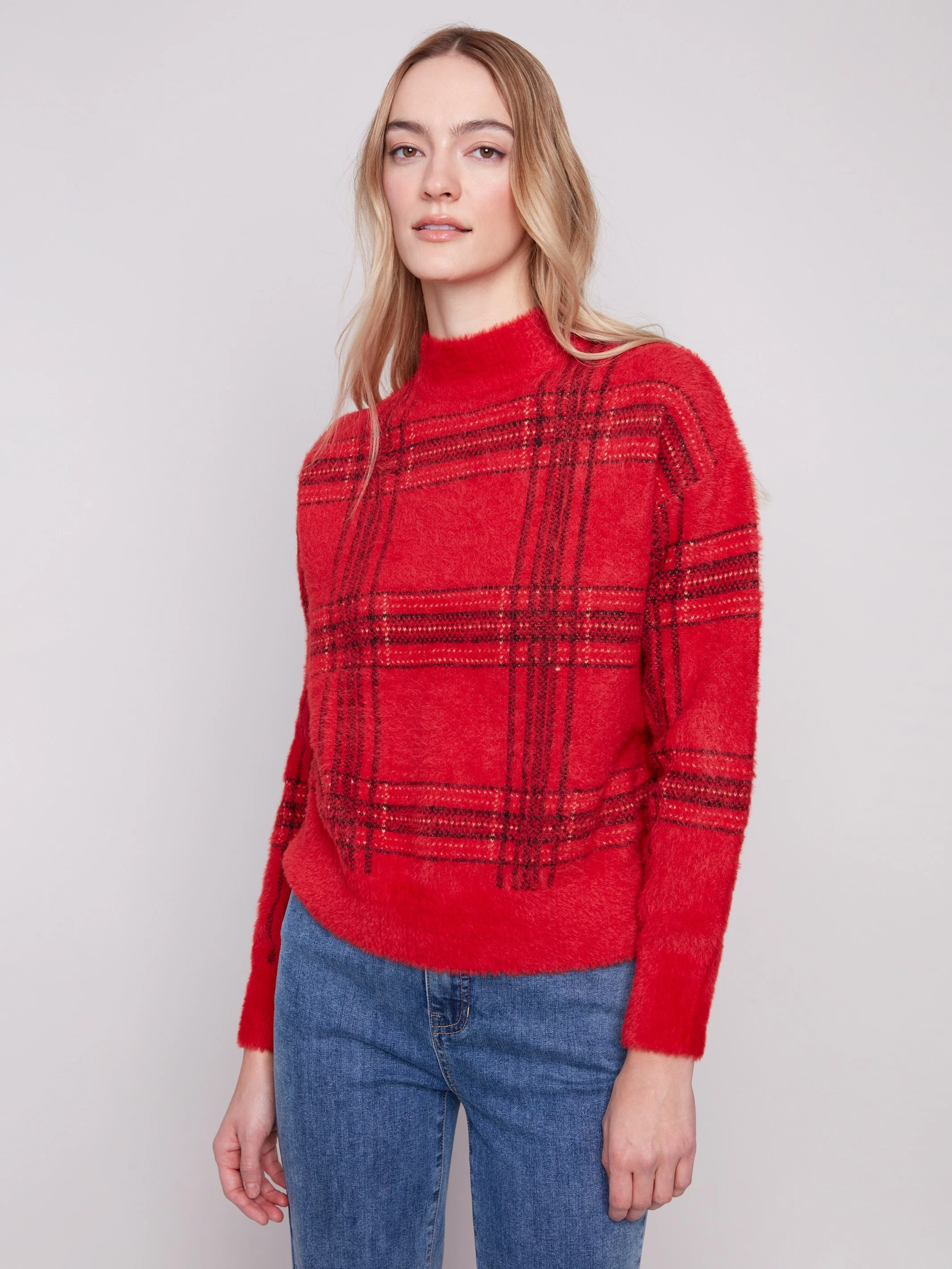 Plaid Eyelash Mock Neck Sweater - Plaid - WHSBYS