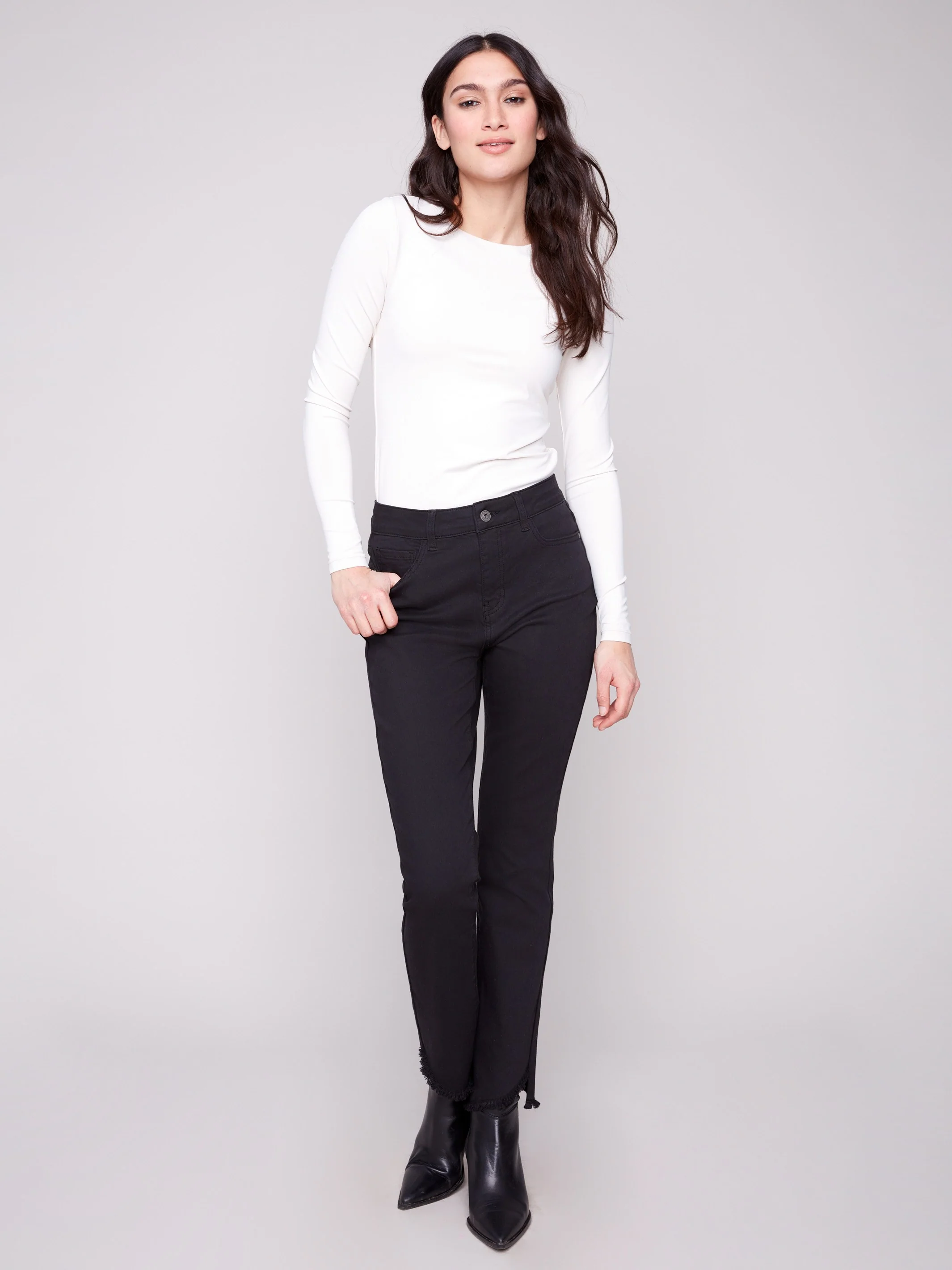 Bootcut Twill Pants With Asymmetrical Hem - Black - WHSBYS