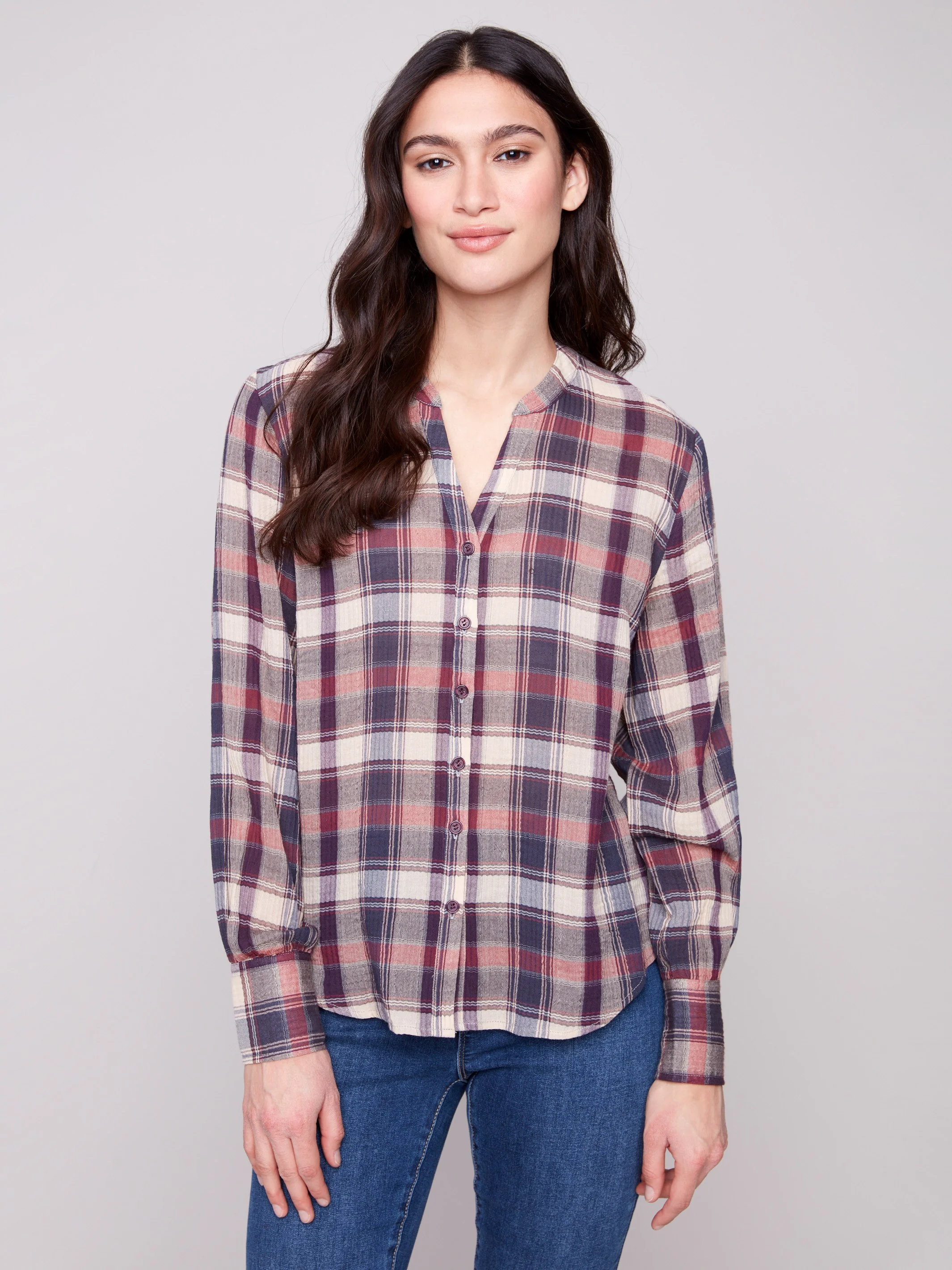 Plaid Bubble Gauze Button-Down Shirt - Berry - WHSBYS
