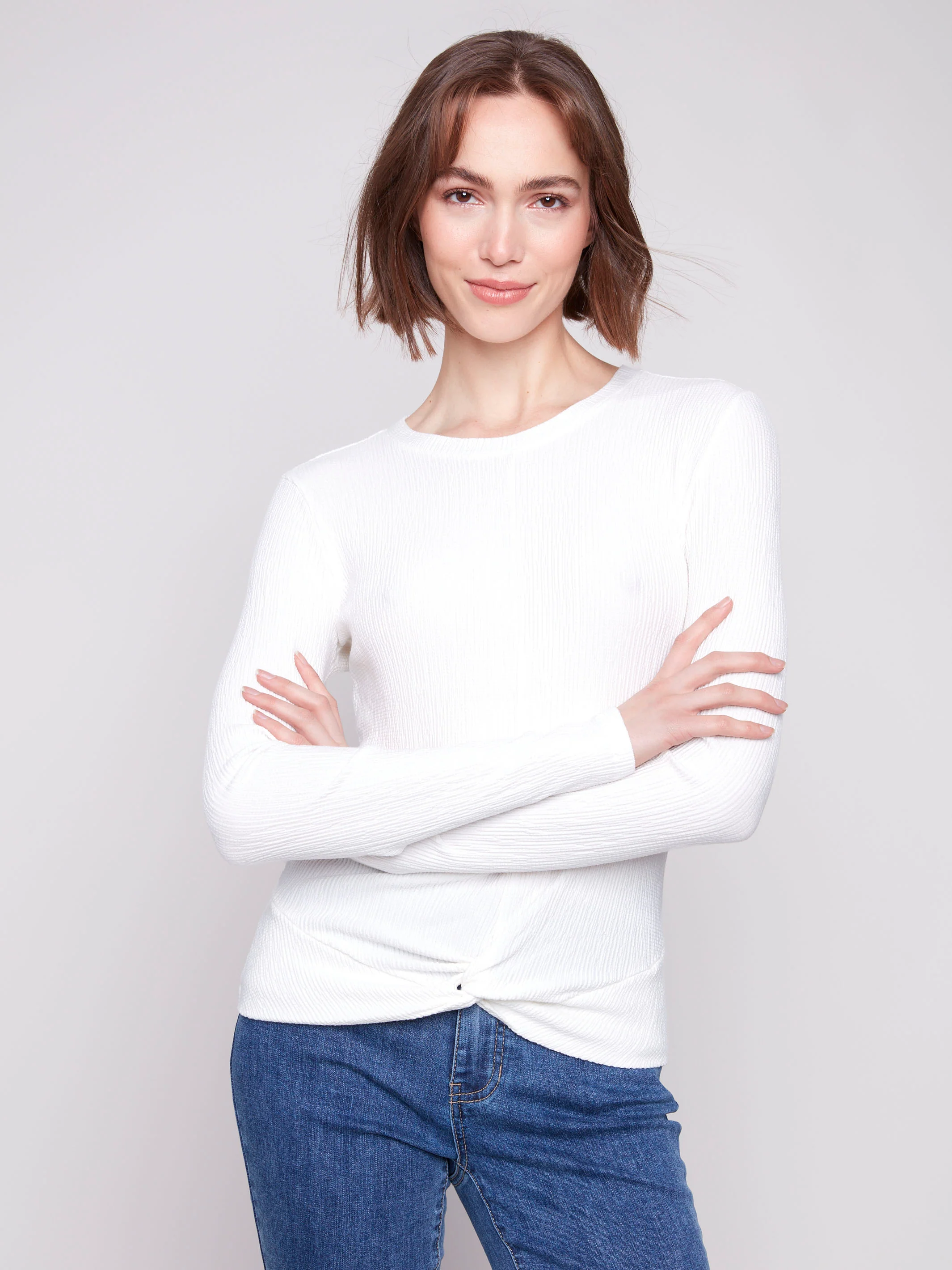 Textured Knit Top With Front Knot Detail - Ecru - WHSBYS