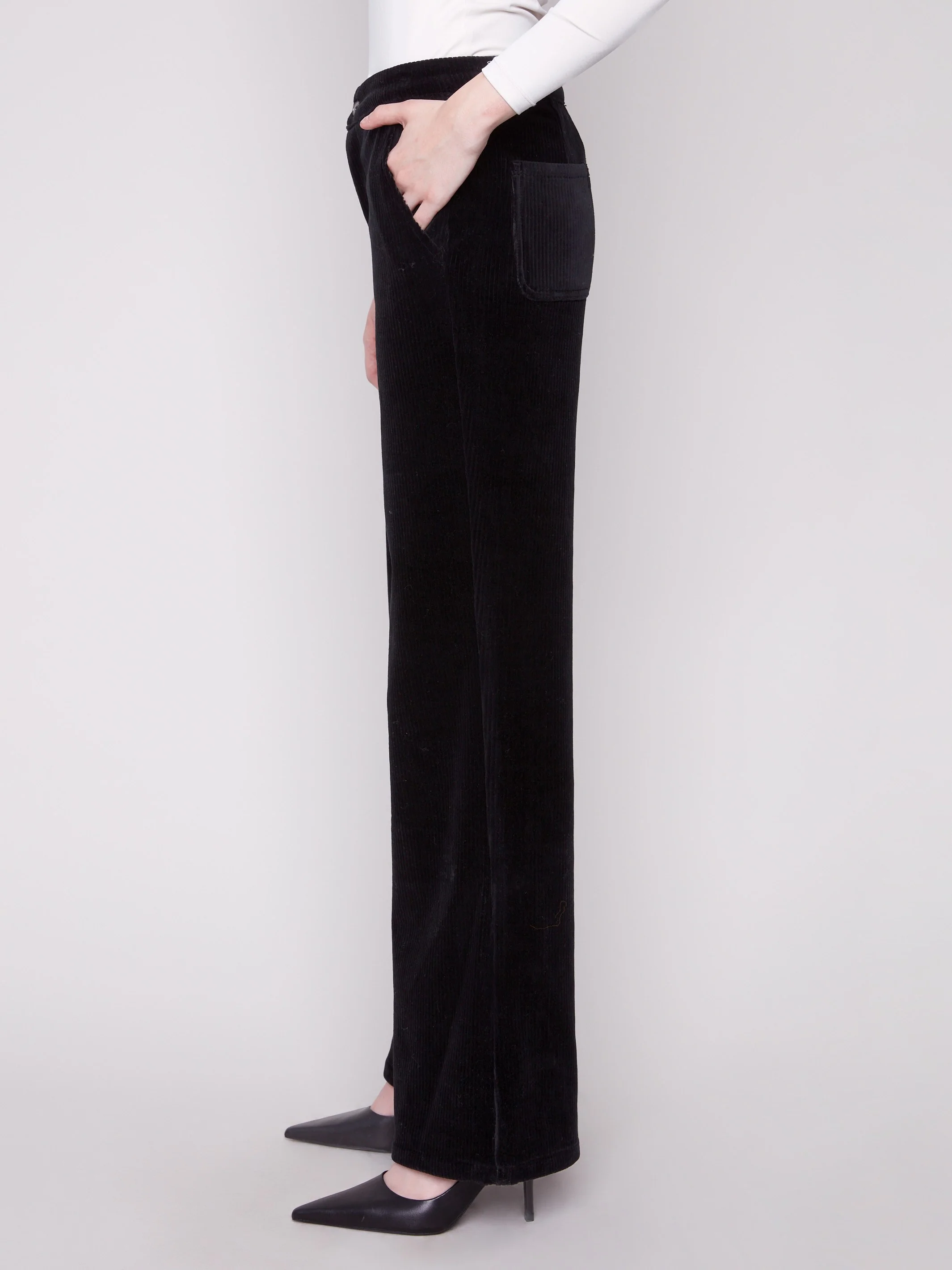Wide Leg Stretch Corduroy Pants - Black - WHSBYS