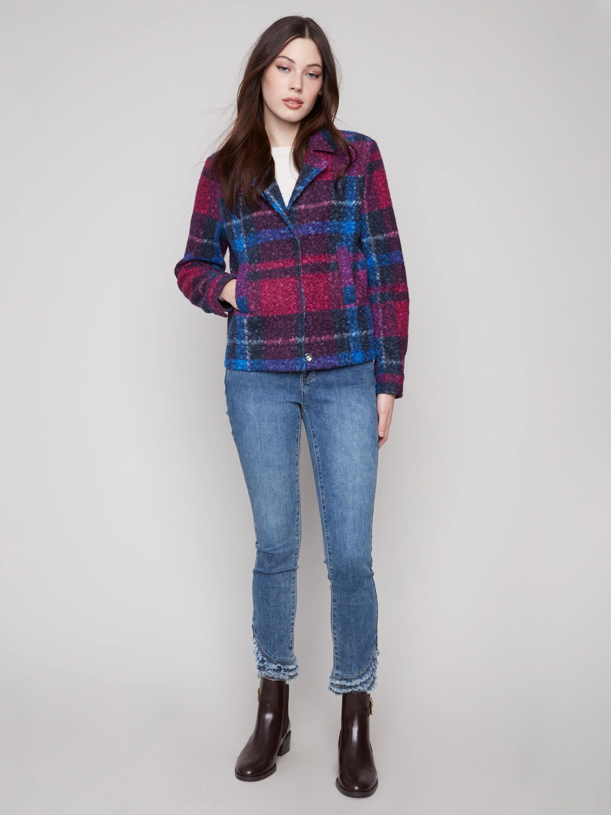 Plaid Bouclé Knit Short Coat - Navy - WHSBYS