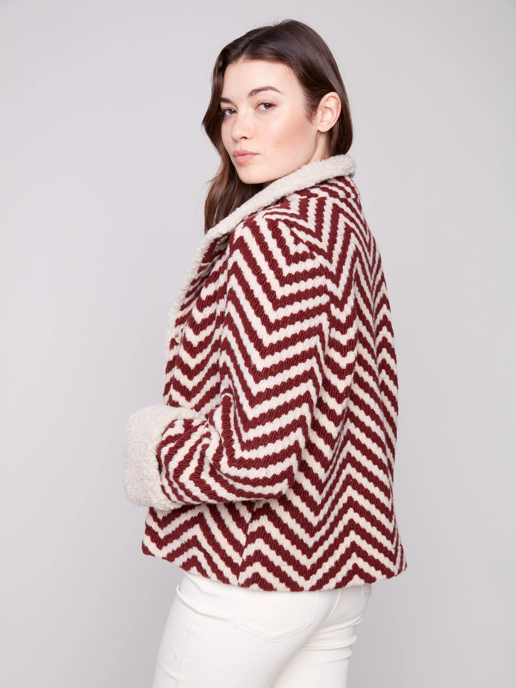 Chevron Bouclé Short Jacket With Sherpa Trim - Cabernet - WHSBYS