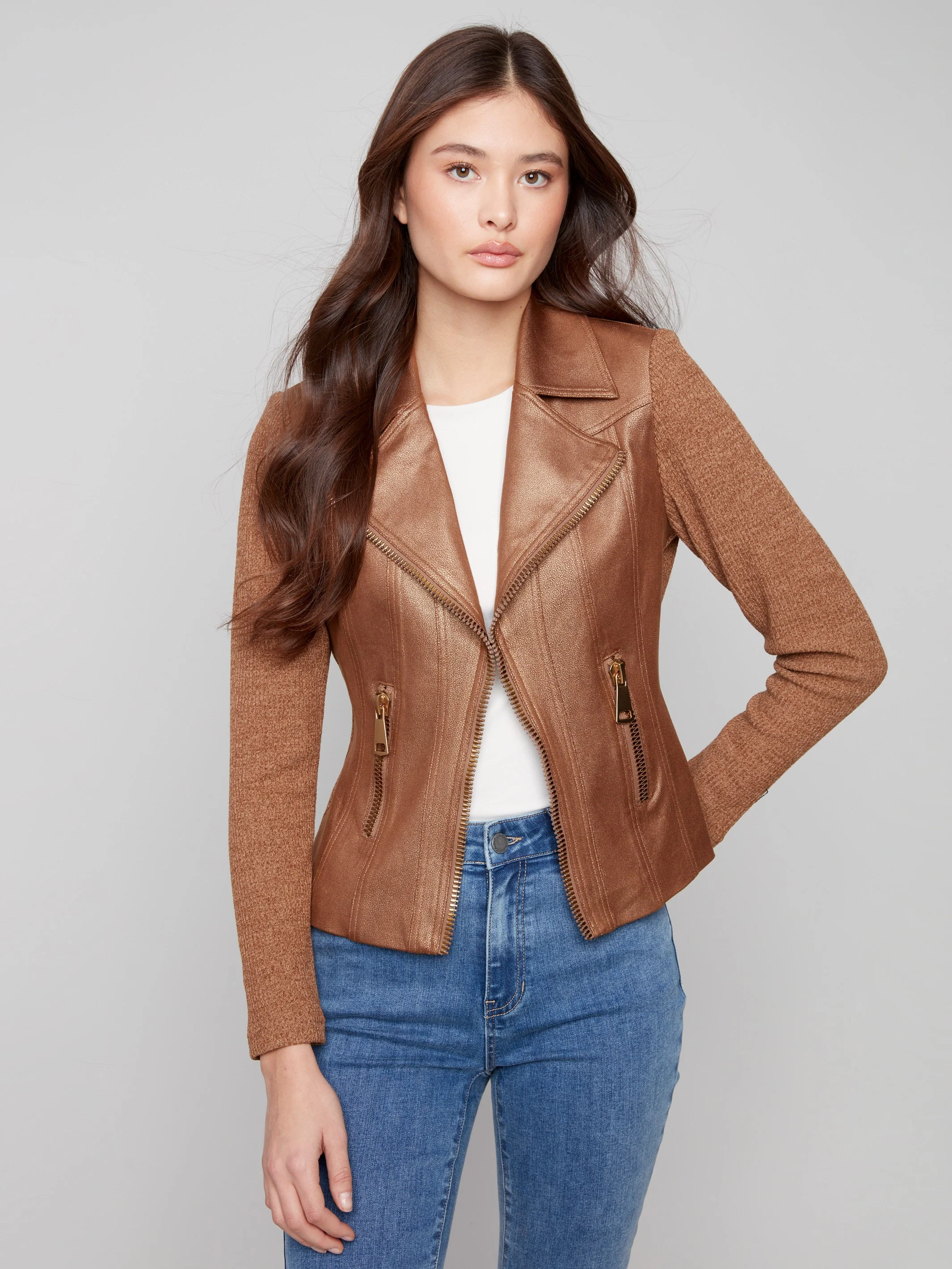 Vintage Metallic Faux Leather And Rib Knit Jacket - Copper - WHSBYS