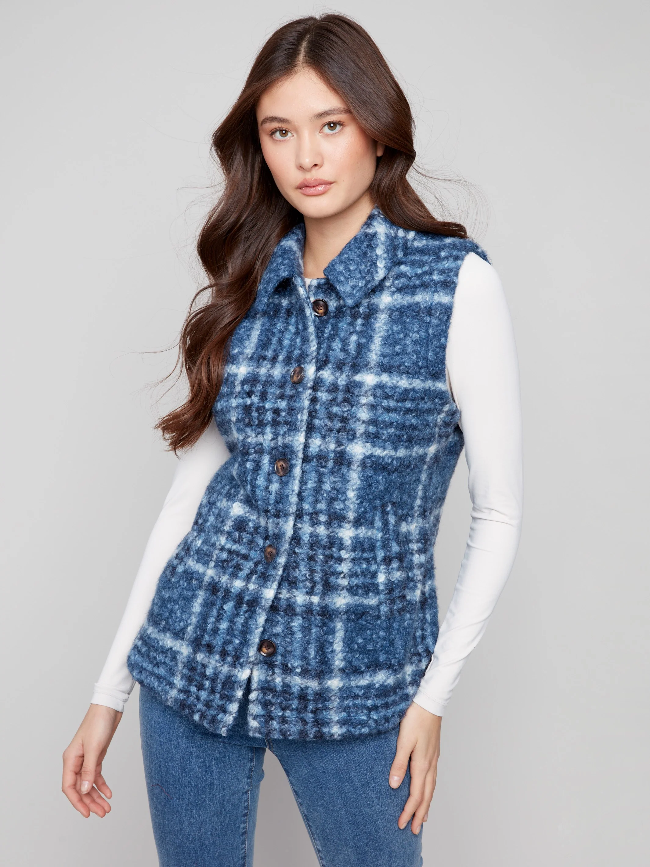 Plaid Bouclé Knit Vest - Moonlight - WHSBYS