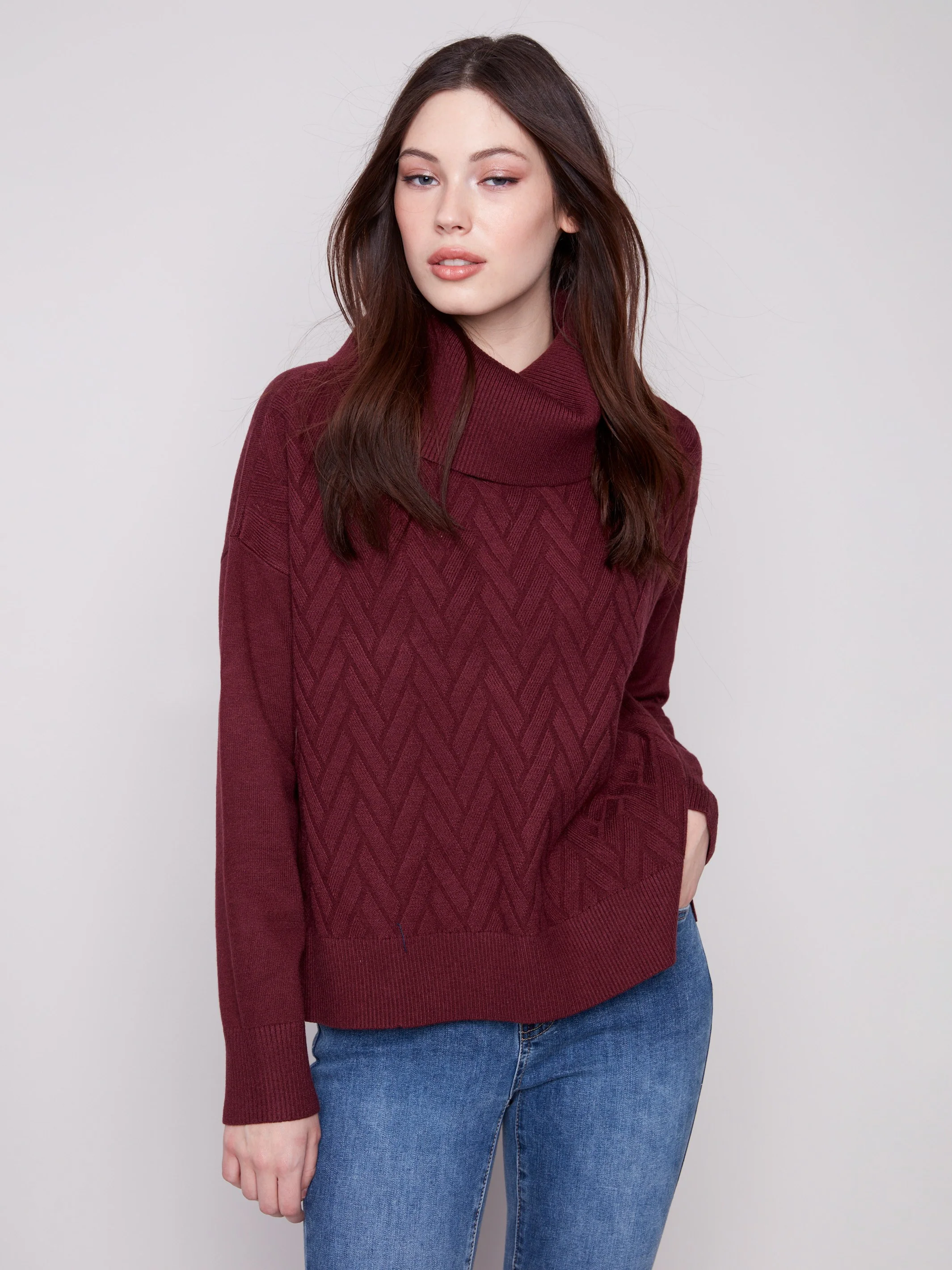 Cowl Neck Chevron Knit Sweater With Side Tie - Cabernet - WHSBYS