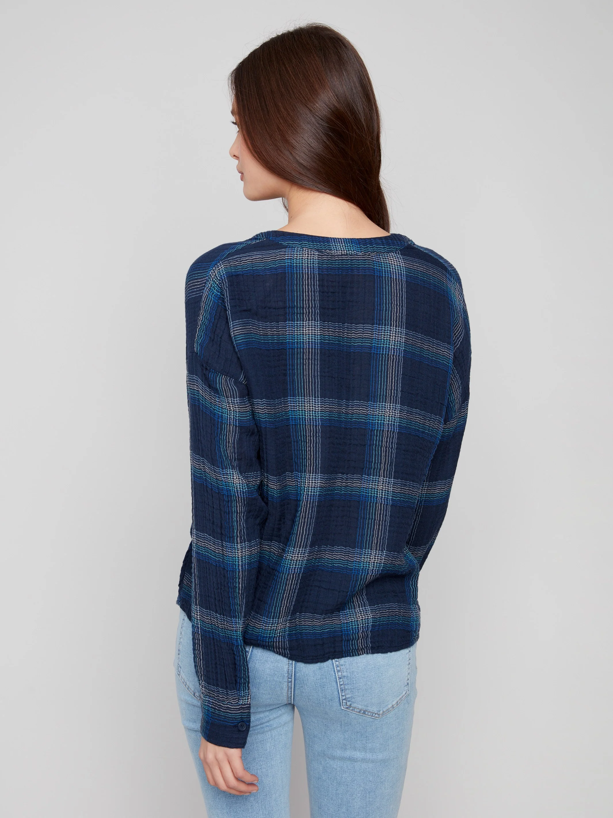 Plaid Double Gauze Blouse With Front Knot - Lapis - WHSBYS