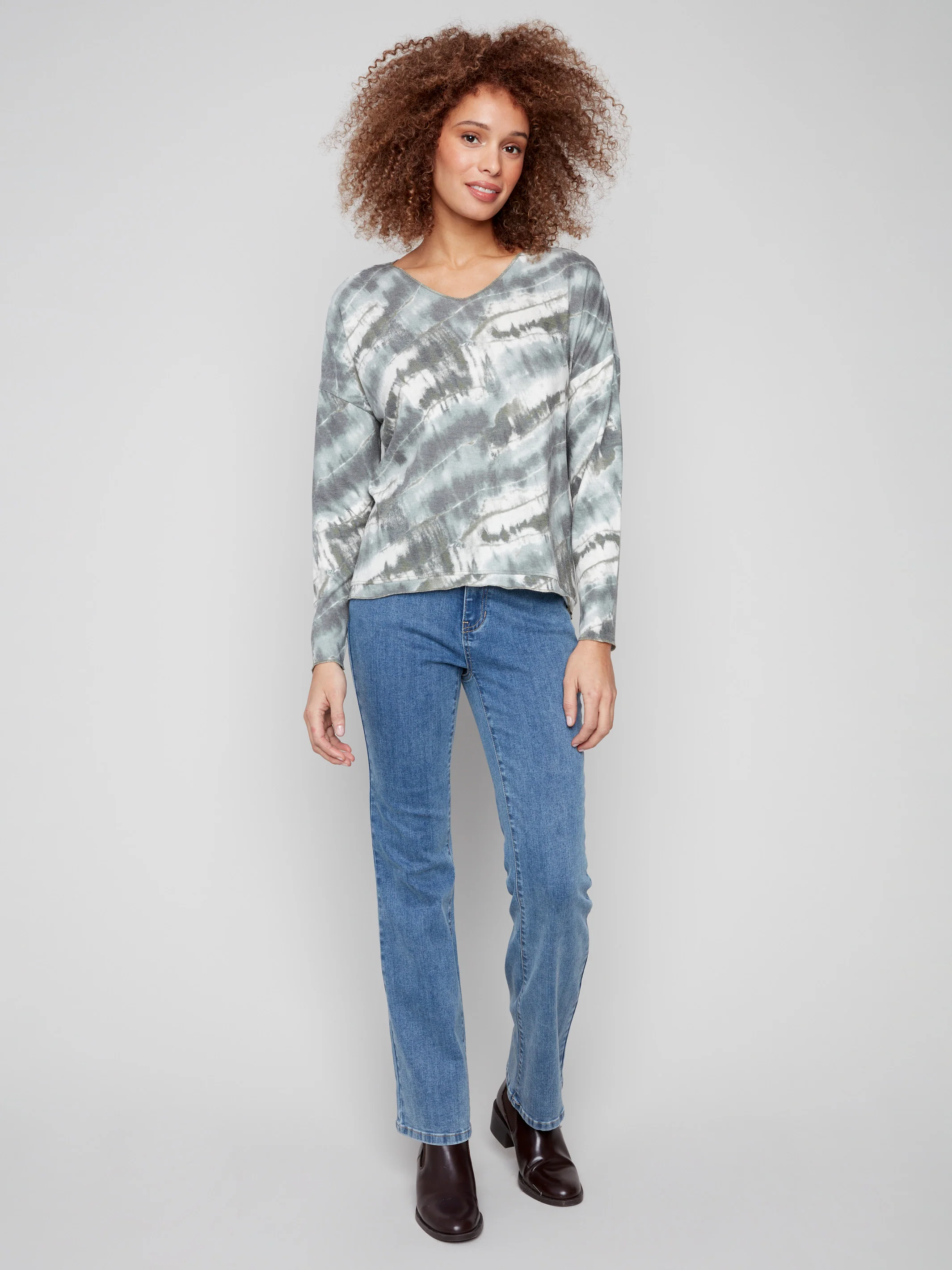 Printed V-neck Knit Top - Dreamy Spruce - WHSBYS