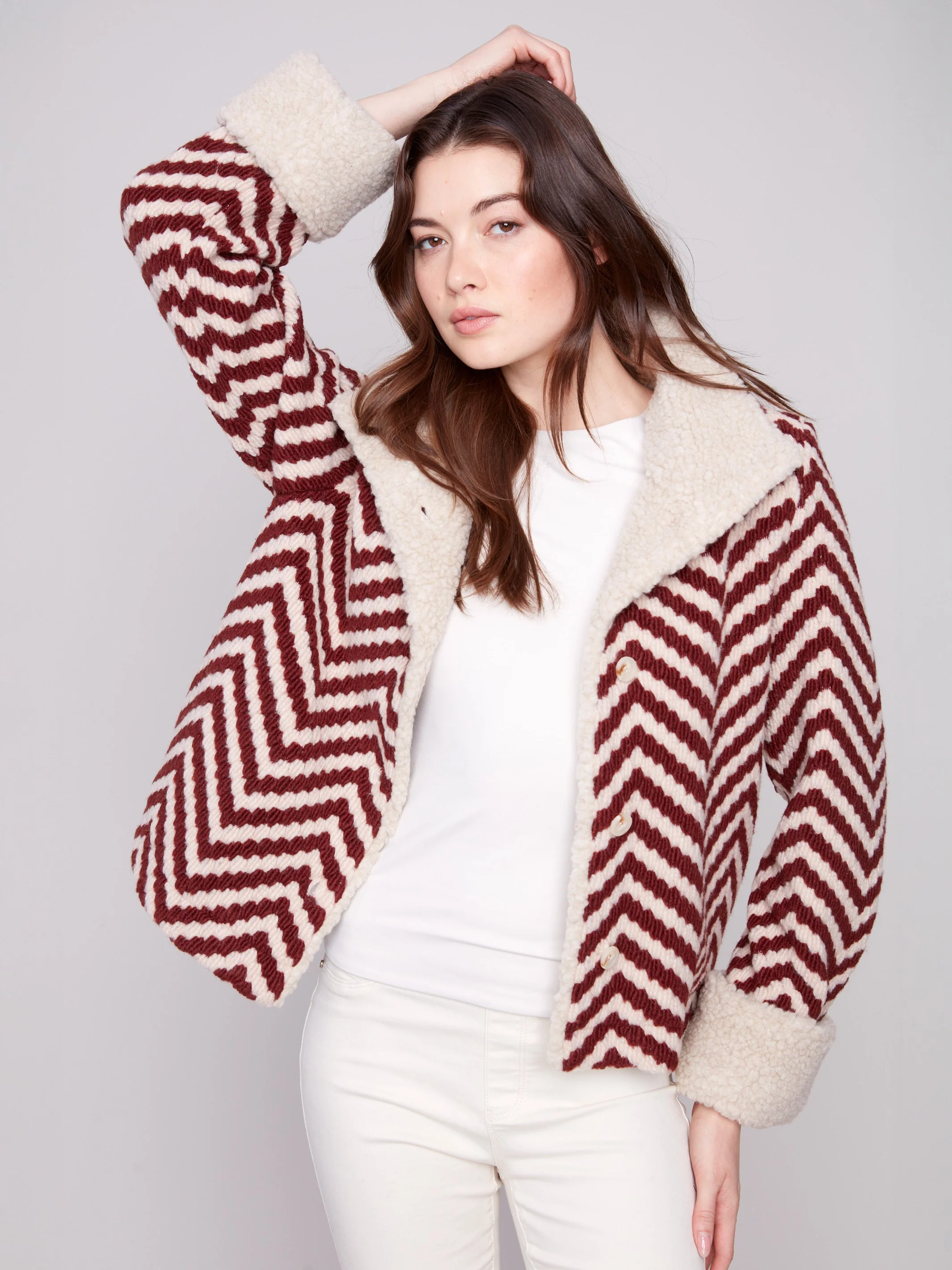 Chevron Bouclé Short Jacket With Sherpa Trim - Cabernet - WHSBYS
