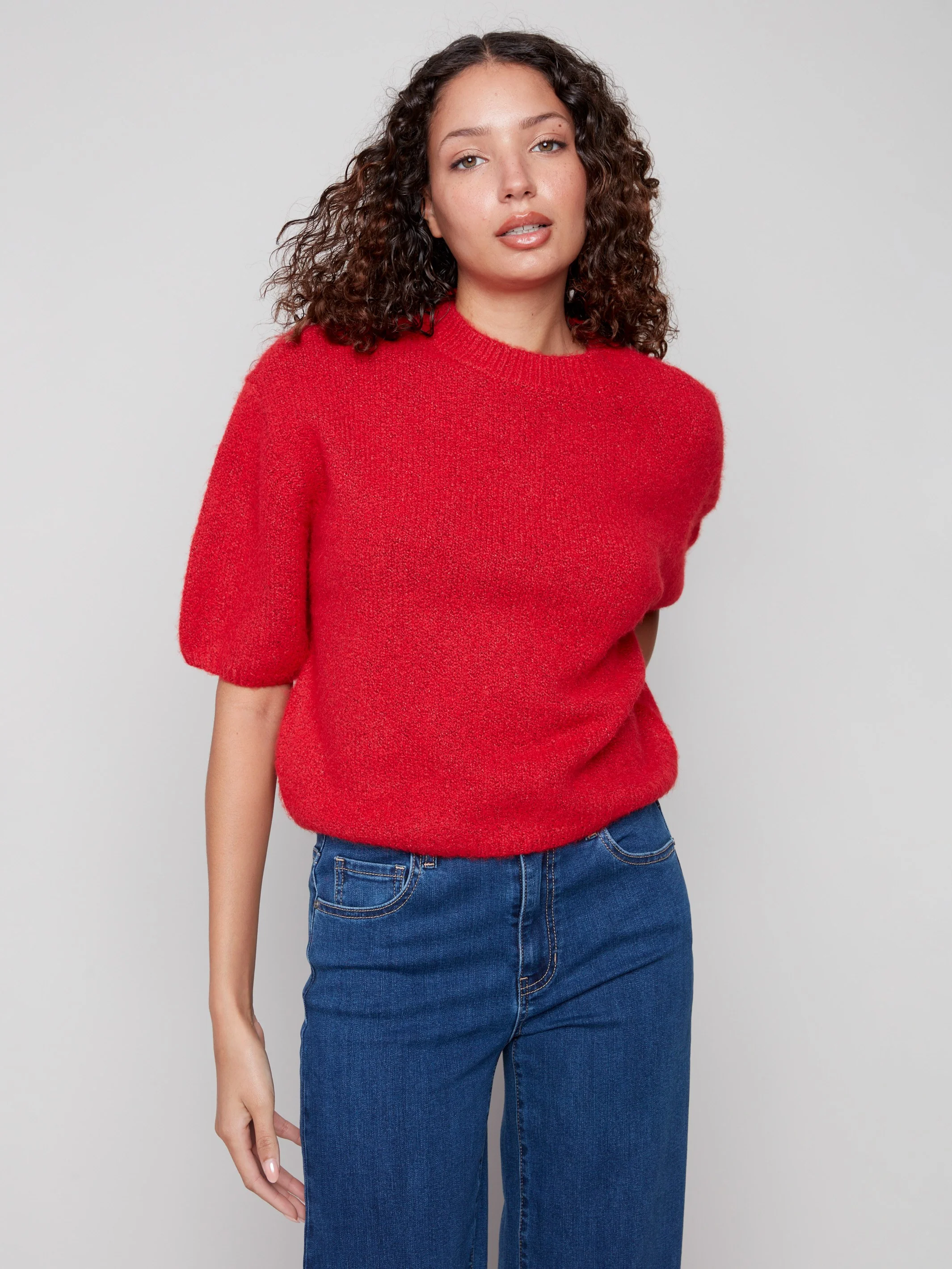 Balloon Elbow Sleeve Knit Sweater - Crimson - WHSBYS