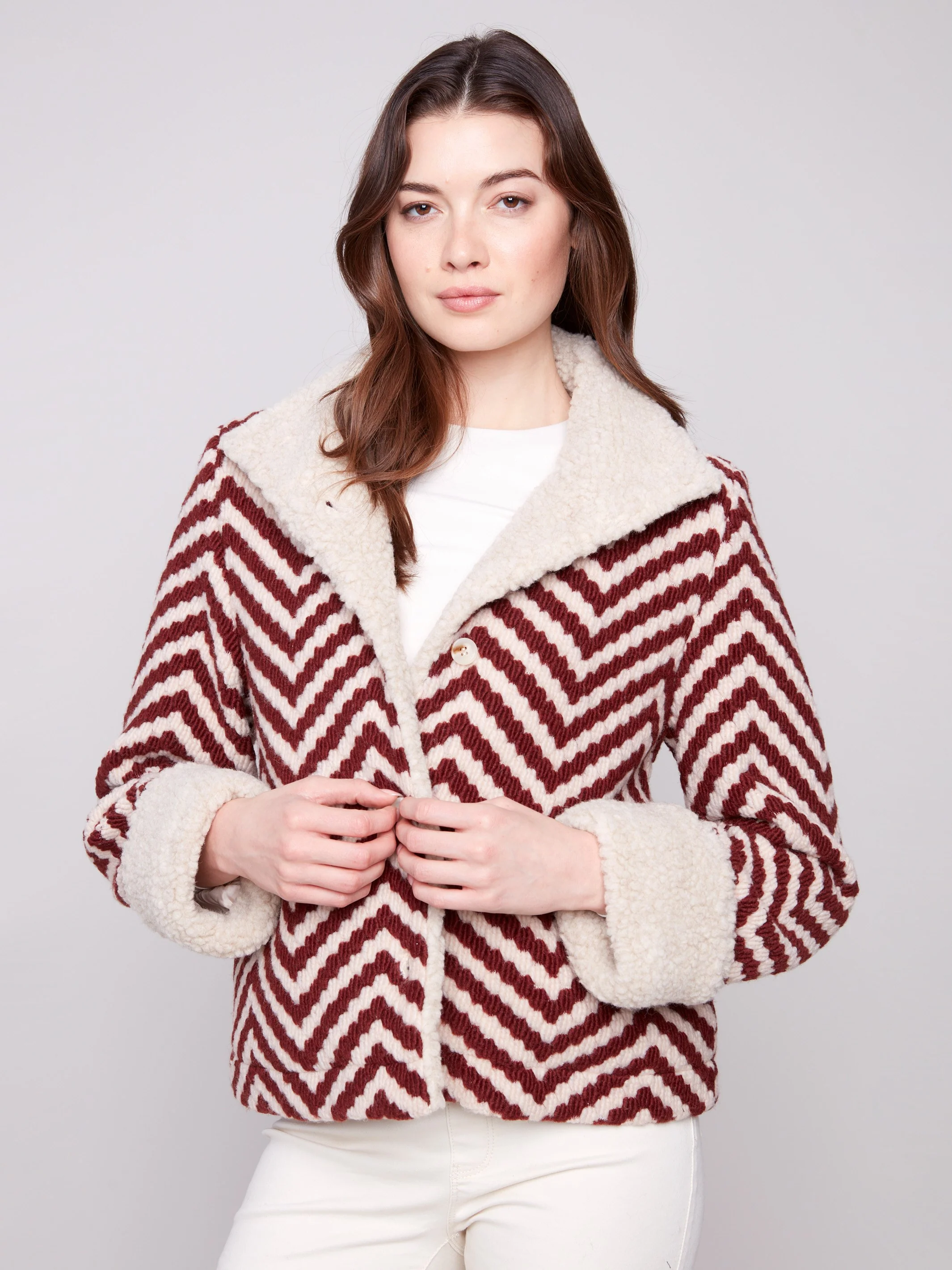 Chevron Bouclé Short Jacket With Sherpa Trim - Cabernet - WHSBYS
