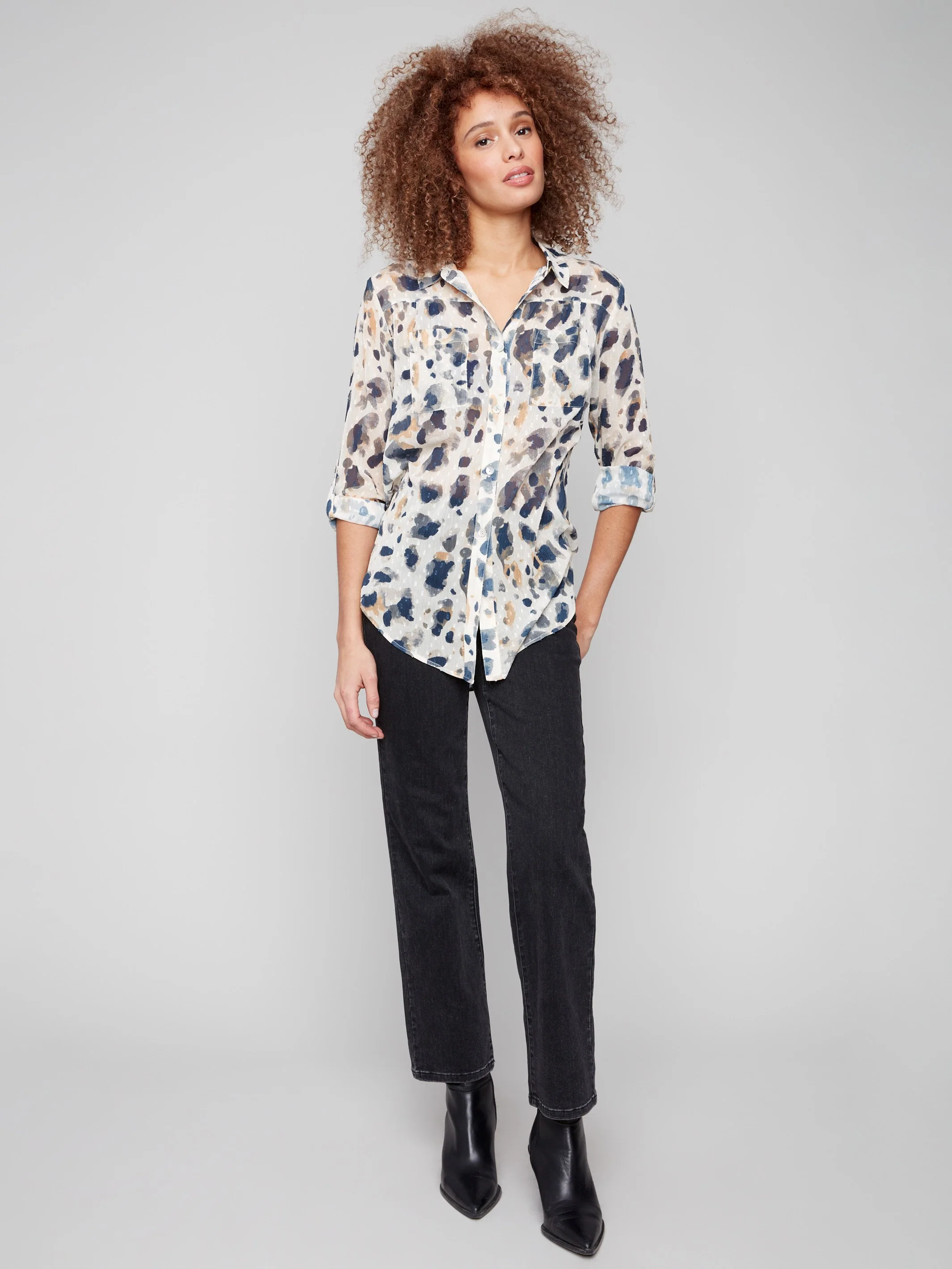 Printed Button-Up Blouse - Animal - WHSBYS